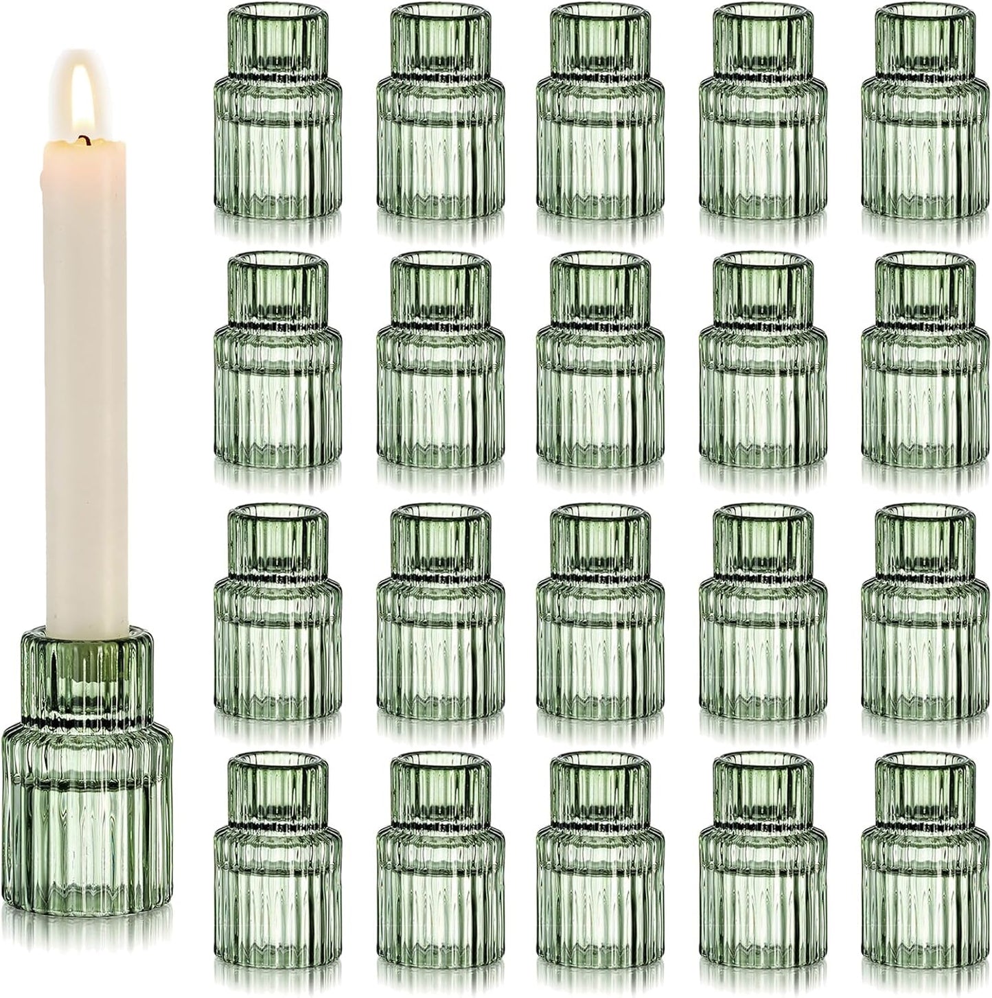 Hewory Glass Taper Candle Holders: 20 PCS Green Vintage Candle Holder Candlestick Holders Bulk, Ribbed Glass Candle Holder Candle Sticks Holder Decor for Table Centerpiece Wedding Christmas Home Decor