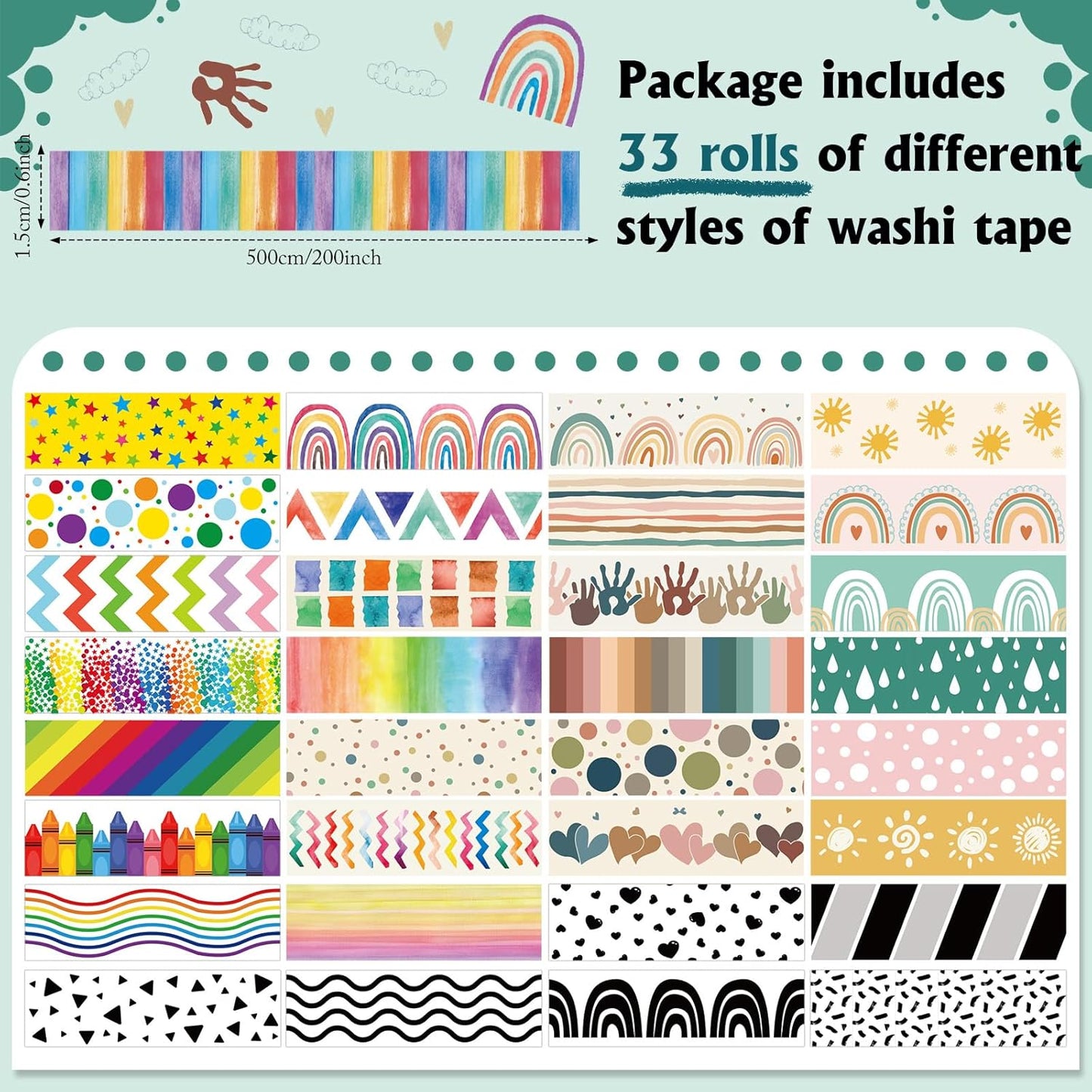 TaoBary 33 Rolls Holiday Plaid Washi Tape, 15 mm Seasonal Washi Tape Set Bohemian Colorful Vintage Cute for Card Wrapping Craft(Rainbow Style)