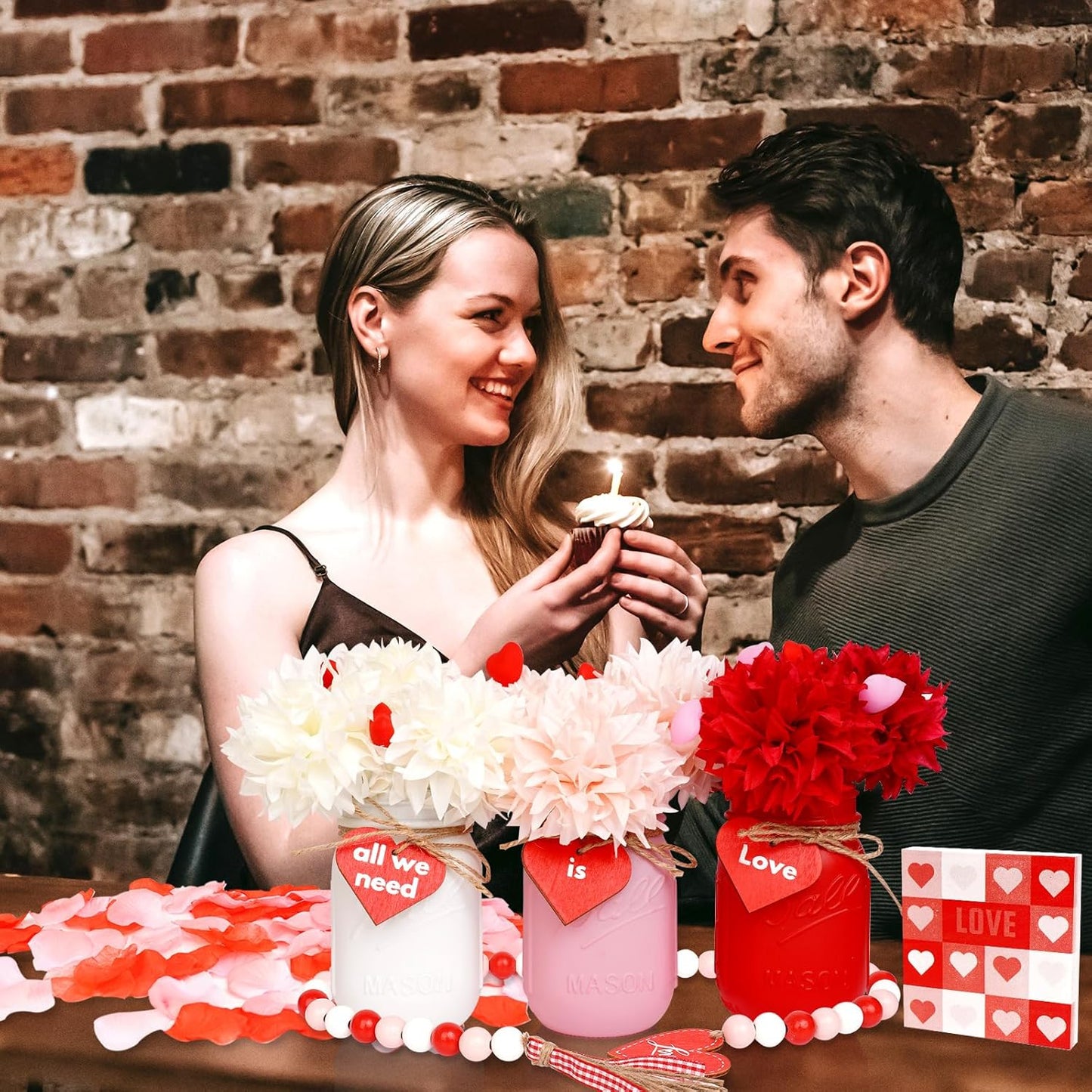 CNVOILA Valentines Table Decor, 6PC Mason Jars, Glass, Cylindrical, White, Red, Pink - Valentine's Day, Anniversary, Wedding, Farmhouse Decor