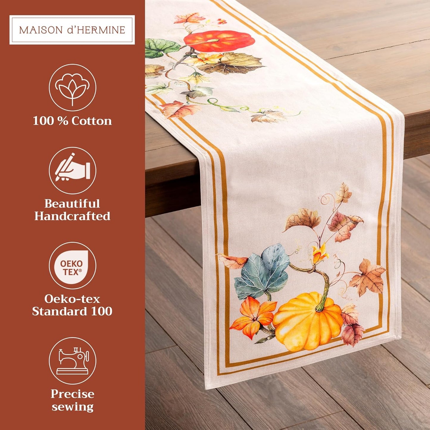 Maison d' Hermine Table Runner 100% Cotton Double Layer Table Runners 108 inches Long for Thanksgiving Christmas Decorations Home Kitchen Dining Party Wedding (Potiron, 14.5" x 108")