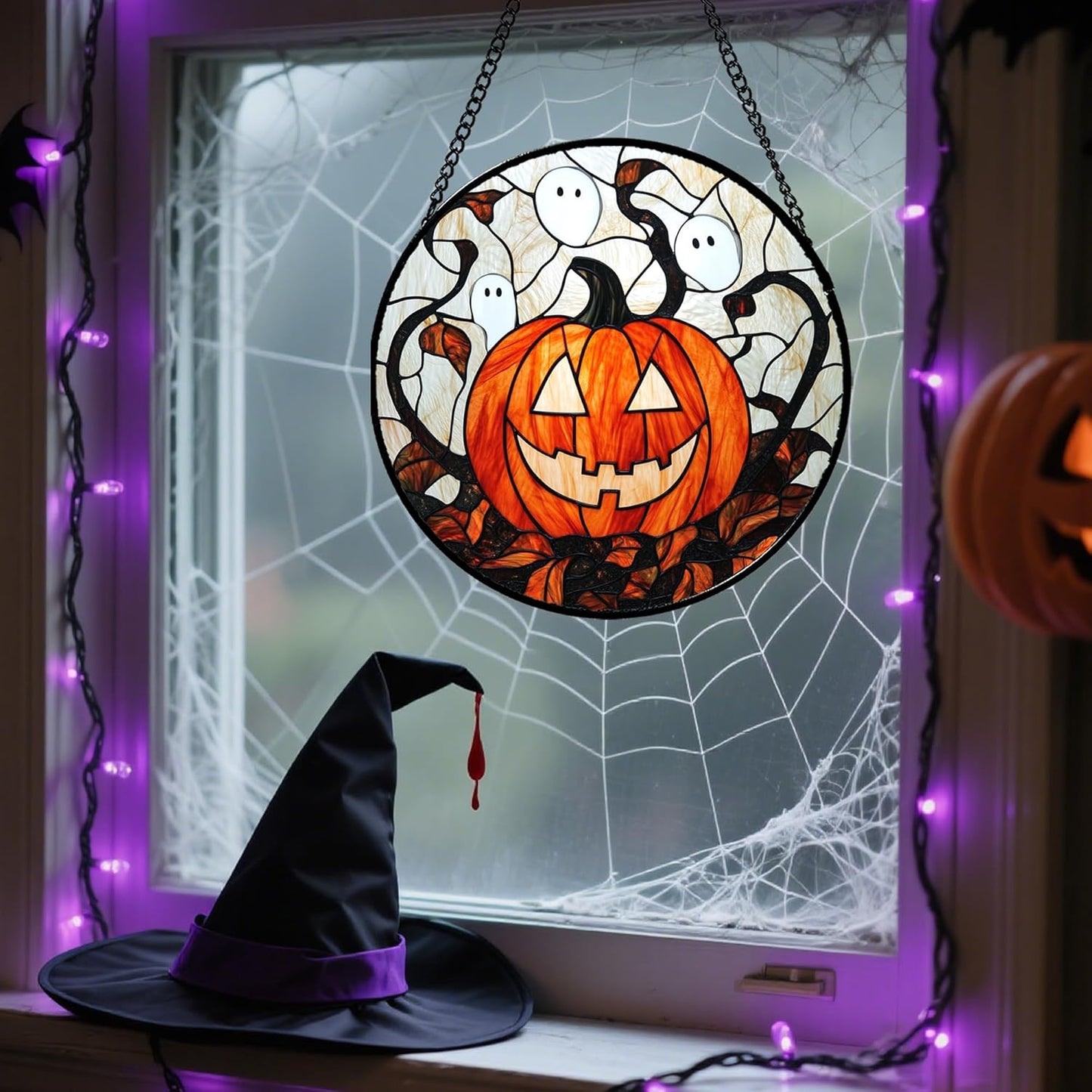 Stained Glass Window Hanging - Halloween Decorations Pumpkin Ghost Suncatcher for Doors Garden Indoor Spooky Funny Orange Sun Catchers Gothic Decor Horror Gifts for Women Men Friend 11.8 in