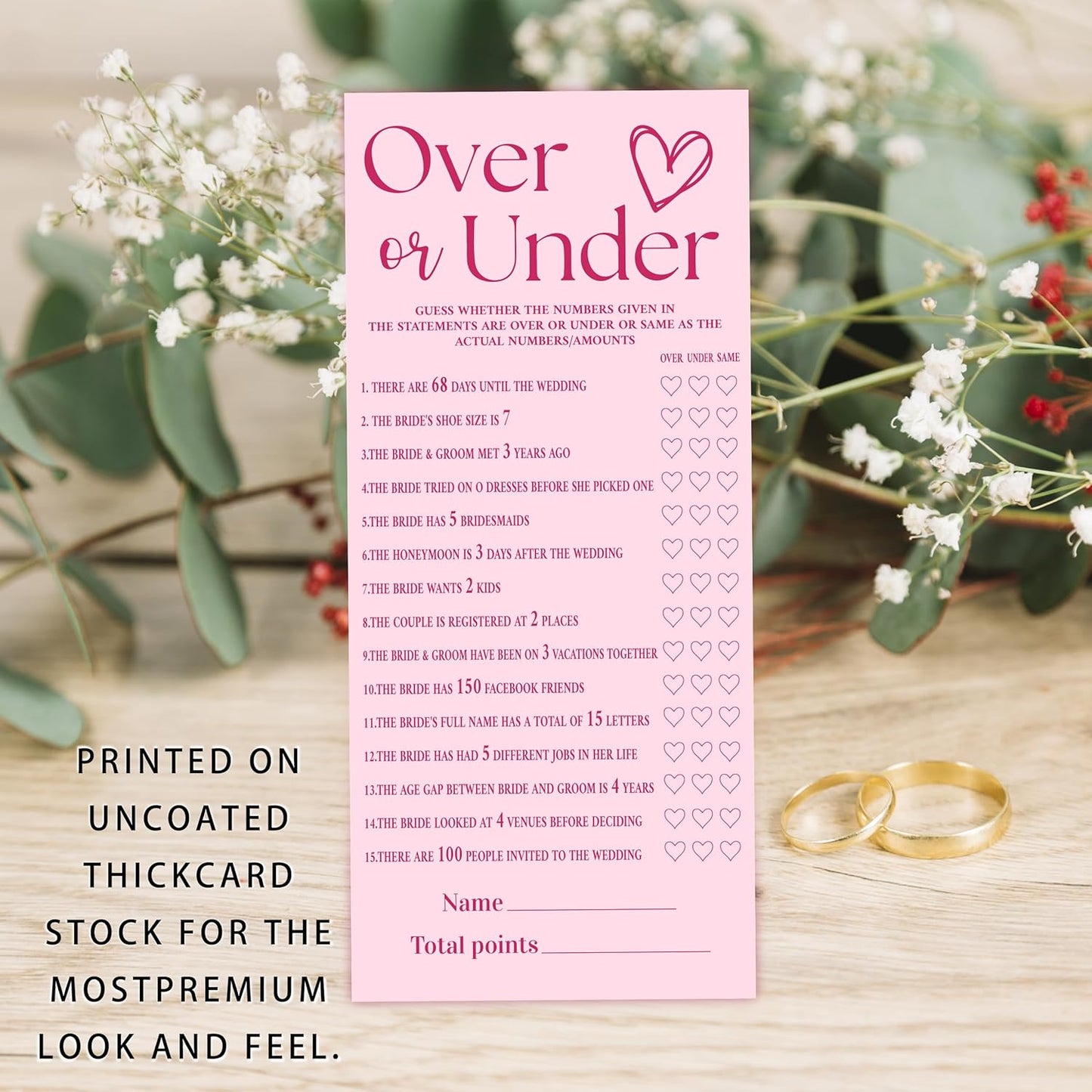 4x9 Inch Wedding Shower Games Cards, Over or Under, Pink Bridal Shower Games for 25 Guests, Engagement Party Supplies, Wedding Party Supplies Decoration-A01