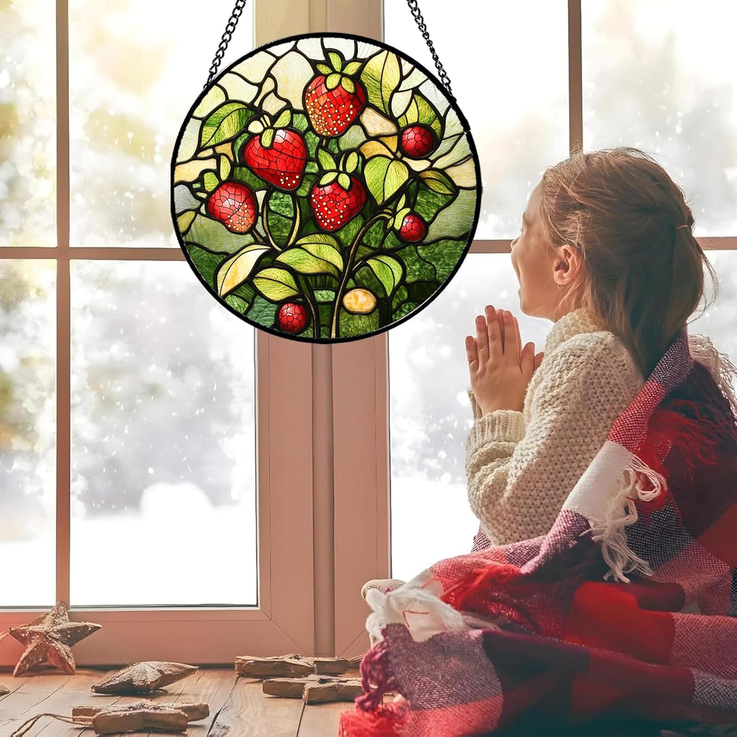 Stained Glass Window Hanging - Red Strawberry Suncatcher for Doors Window Home Green Plant Sun Catchers Decor Christmas Mother's Day Birthday Gifts for Teacher Women Men Mom Nana 7.8 in
