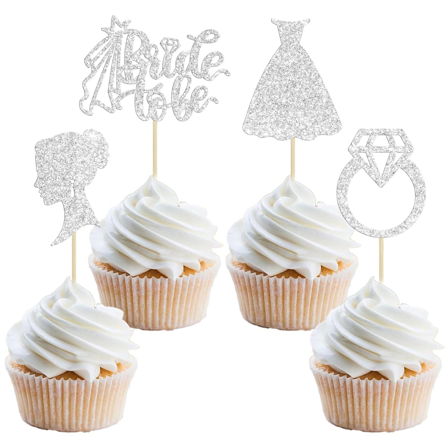 Gyufise 24 Pack Bride to Be Cupcake Toppers with Heart Ring Dress Glitter Bridal Shower Cupcake Picks Decorations for Wedding Engagement Bachelorette Party Cake Decorations Supplies Silver