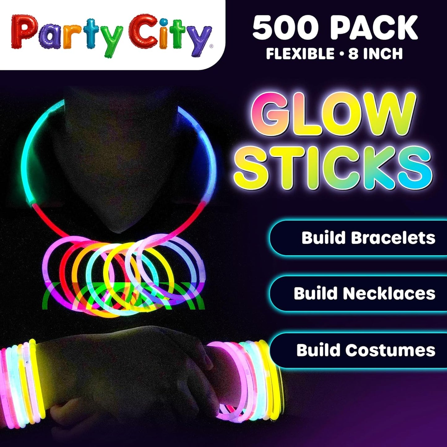 Party City 500 Glow Sticks Bulk Party Pack 8”– Neon Glow in the Dark Party Supplies, Glowsticks with Connectors Bracelets & Necklaces, Light Up Favors for Kids, Adults, Birthdays, Parties, Decorations