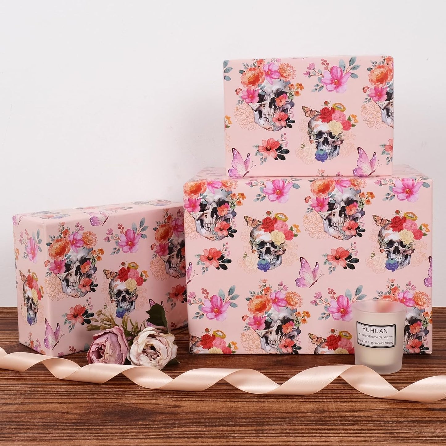 Aimyoo Gothic Wrapping Paper Roll, 17 Inch X 16.5 Feet Skull Floral Butterfly Design Gift Wrap Paper for Mother's Day, Birthday Bridal Shower