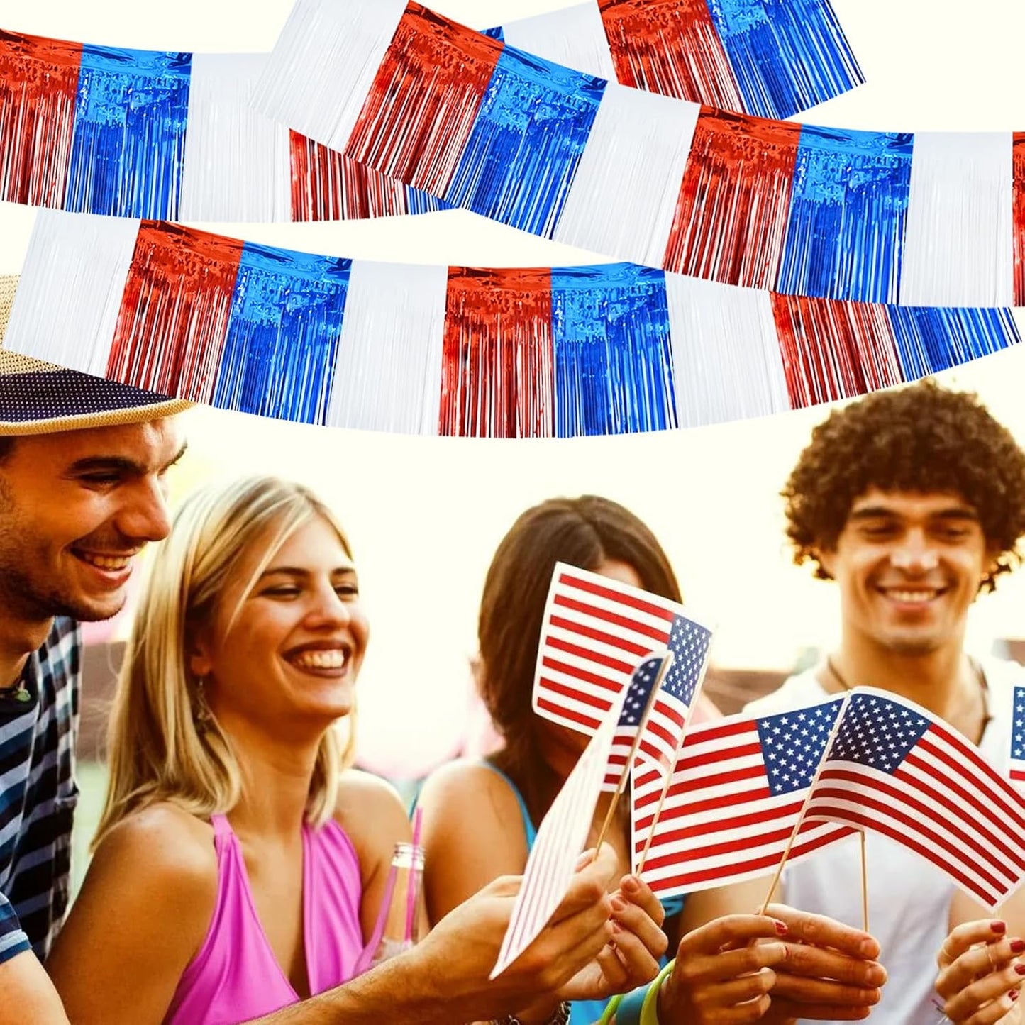 BEISHIDA 3 Packs Metallic Foil Fringe Garland Red White Blue Wall Hanging Tinsel Fringe Banners for Floats Birthday 4th of July Memorial Day Patriotic New Year Party Decoration(30 Feet)