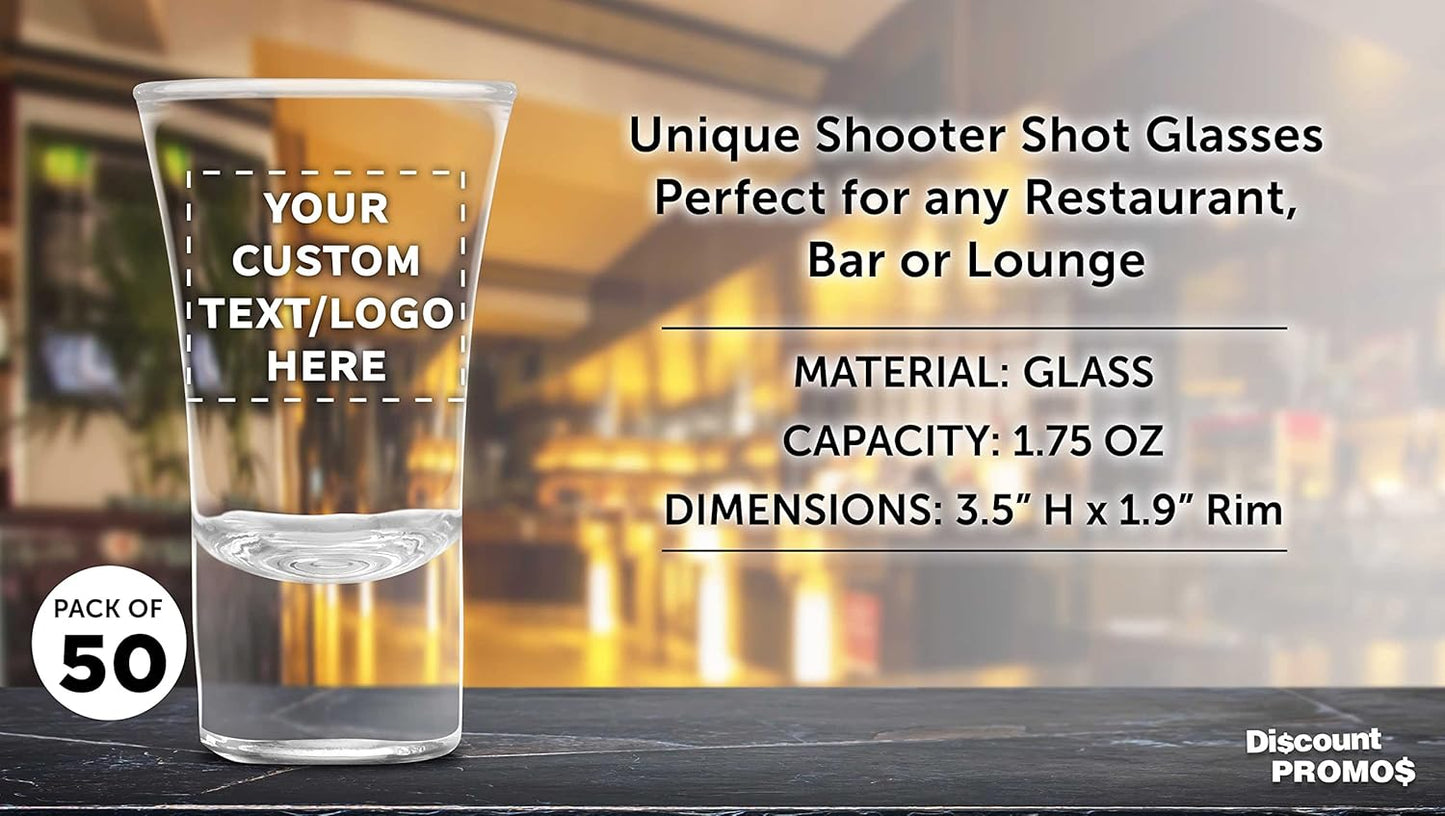 Custom 2 oz. Lord Shooter Etched Shot Glasses, 50 pack, Personalized Text, Logo, 21st Birthday Party, Lounge Glassware, Clear