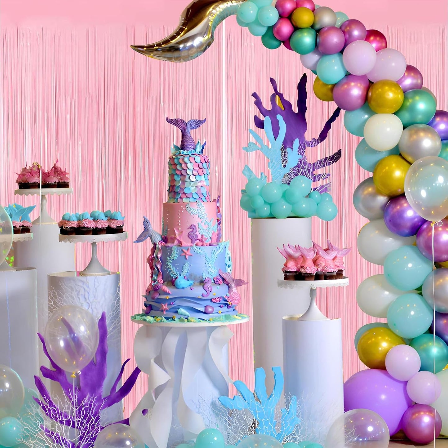 Keyali 2 Pack 3.3 * 8.3 ft Foil Curtain Metallic Tinsel Fringe Curtains Photo Booth Props Backdrop for Birthday Wedding Engagement Baby Shower Christmas Holiday Celebration Party，Pastel Pink