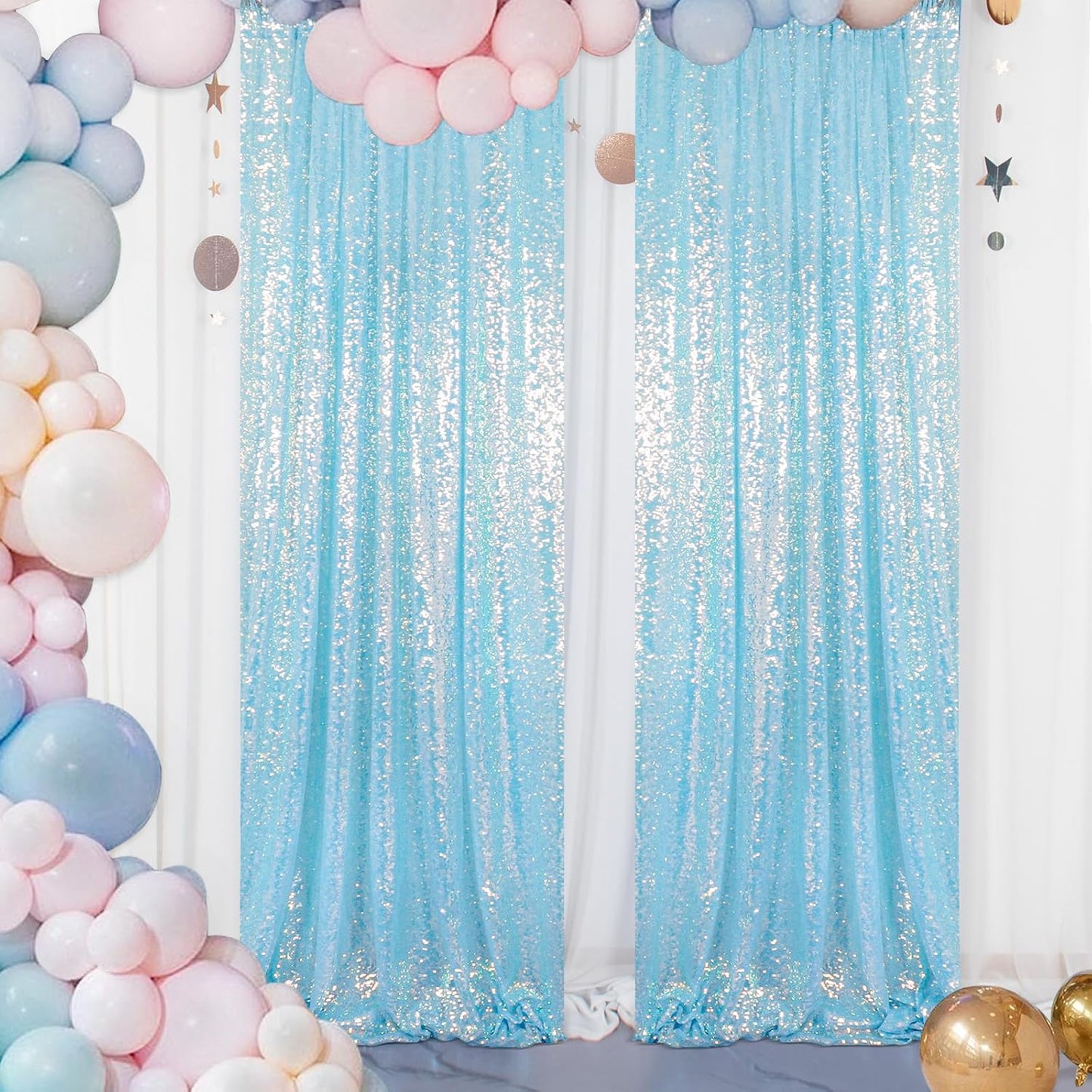 ShinyBeauty Iridescent Aqua Sequin Backdrop Curtain 5FTx10FT 2 Panels Photo Backdrops Blue Backdrop 10FT Sequin Fabric Curtains Christmas Studio Birthday Party Backgrounds