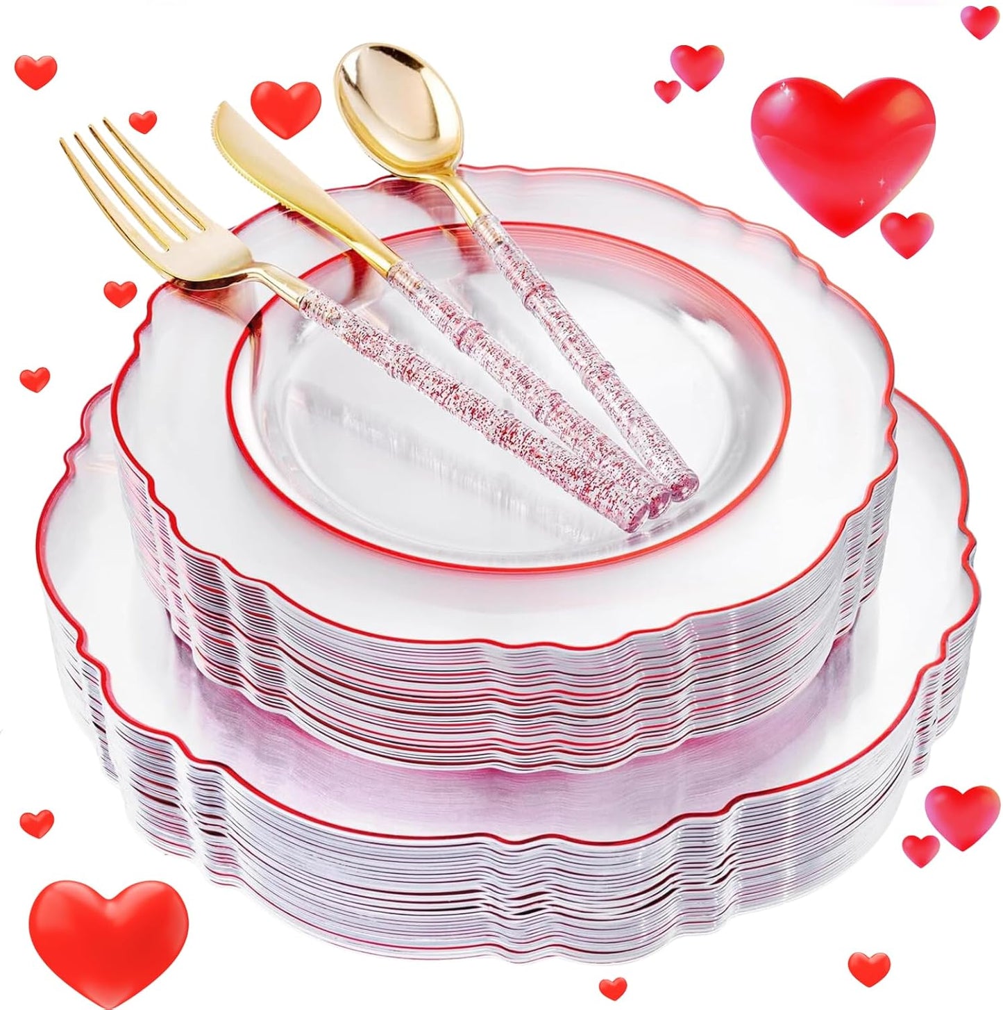 Liacere 150PCS Clear and Red Plastic Plates-Clear Red Disposable Plates with Glitter Bamboo Handle Cutlery-60 Baroque Elegant Plates,30 Forks,30 Spoons,30 Knives for Wedding&Mother's Day