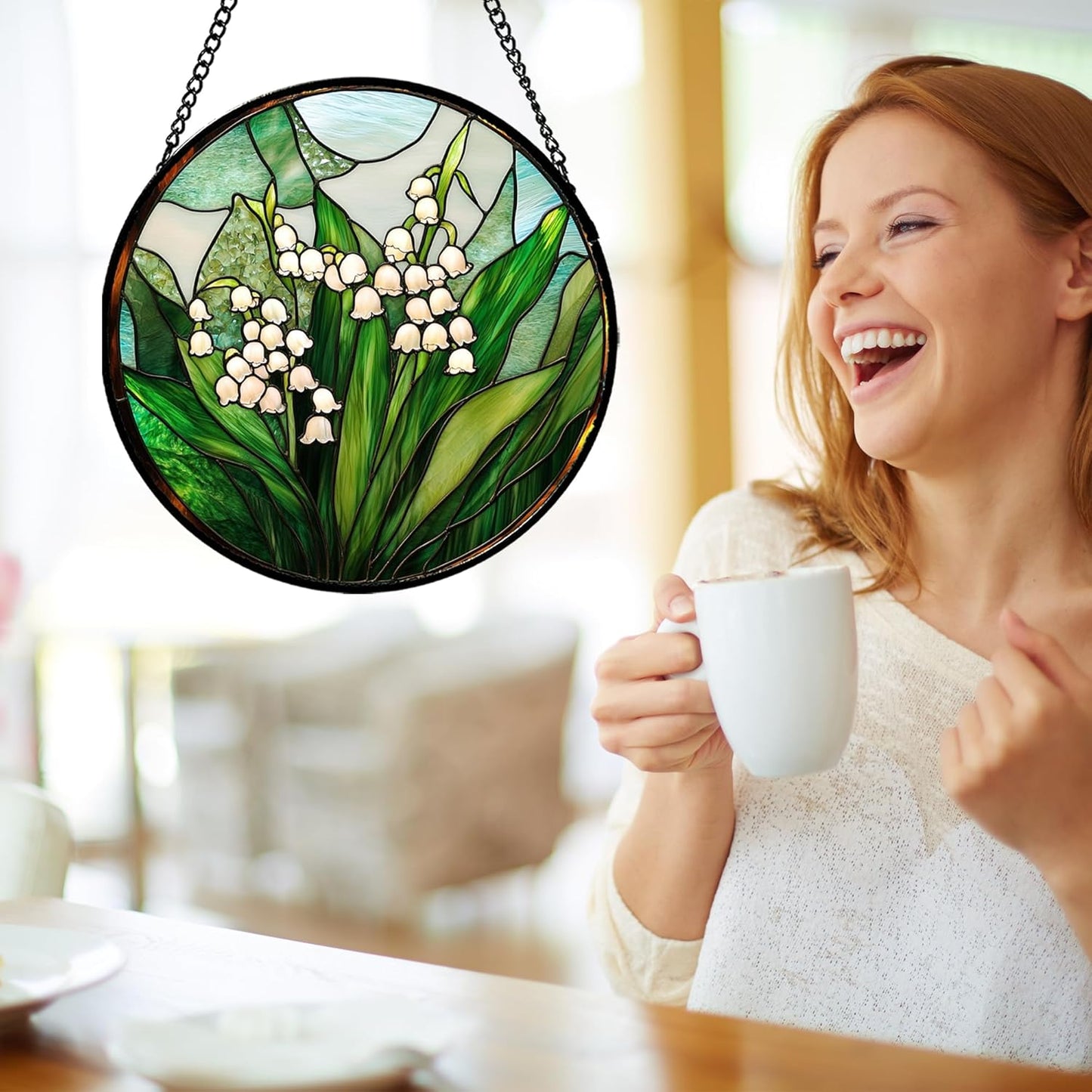 Stained Glass Window Hanging - White Green Lily of The Valley Suncatcher for Doors Garden Terrace Plant Sun Catchers Decor Mother's Day Birthday Flowers Gifts for Women Men Mom 15 in