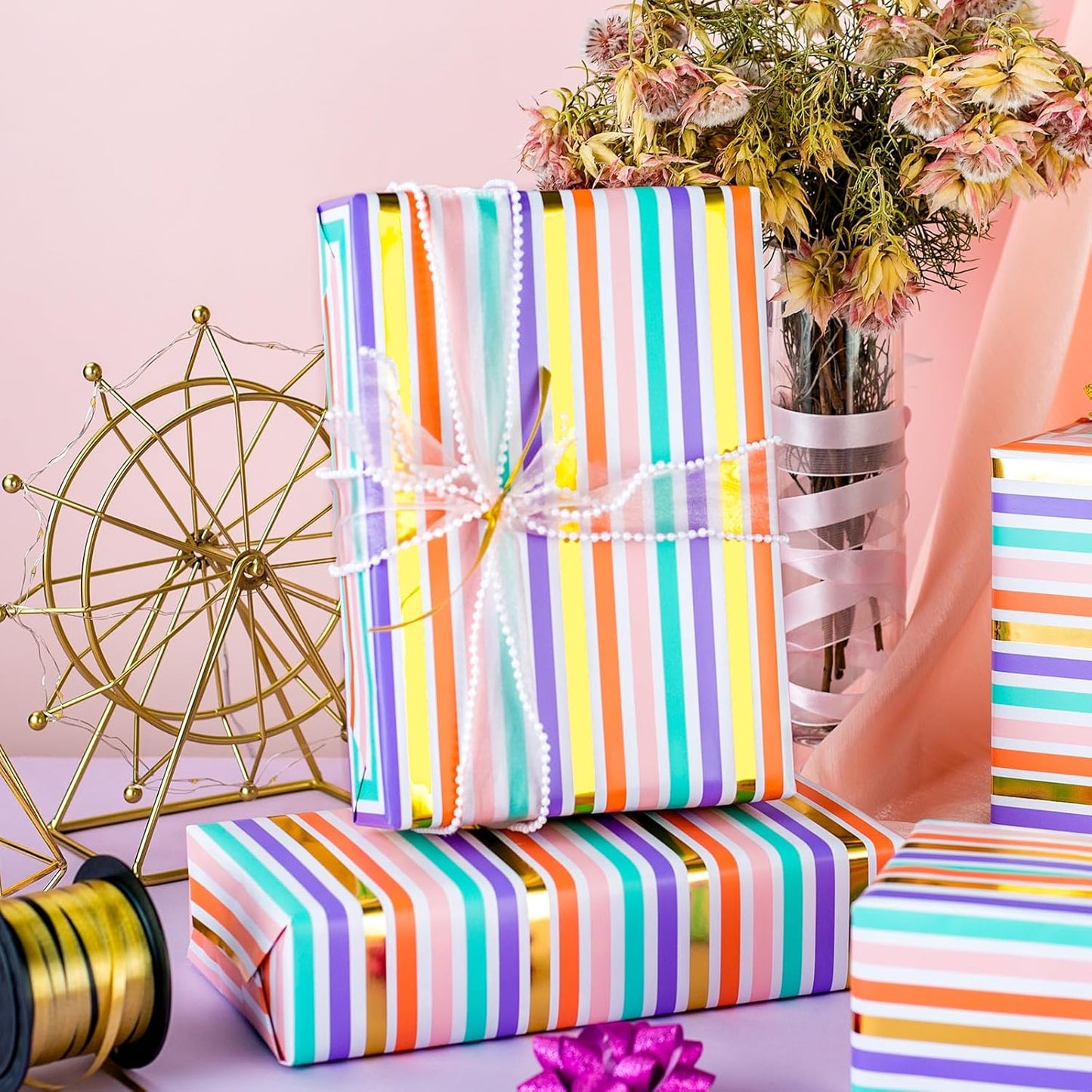 Yarcony Gift Wrapping Paper Roll, Rainbow Wrapping Paper, Colorful Stripes Gift Wrap with Gold Foil for Birthday, Baby Shower, Wedding, Christmas, All Occasions (Mini Roll, 17 Inch X 16.5 Feet)