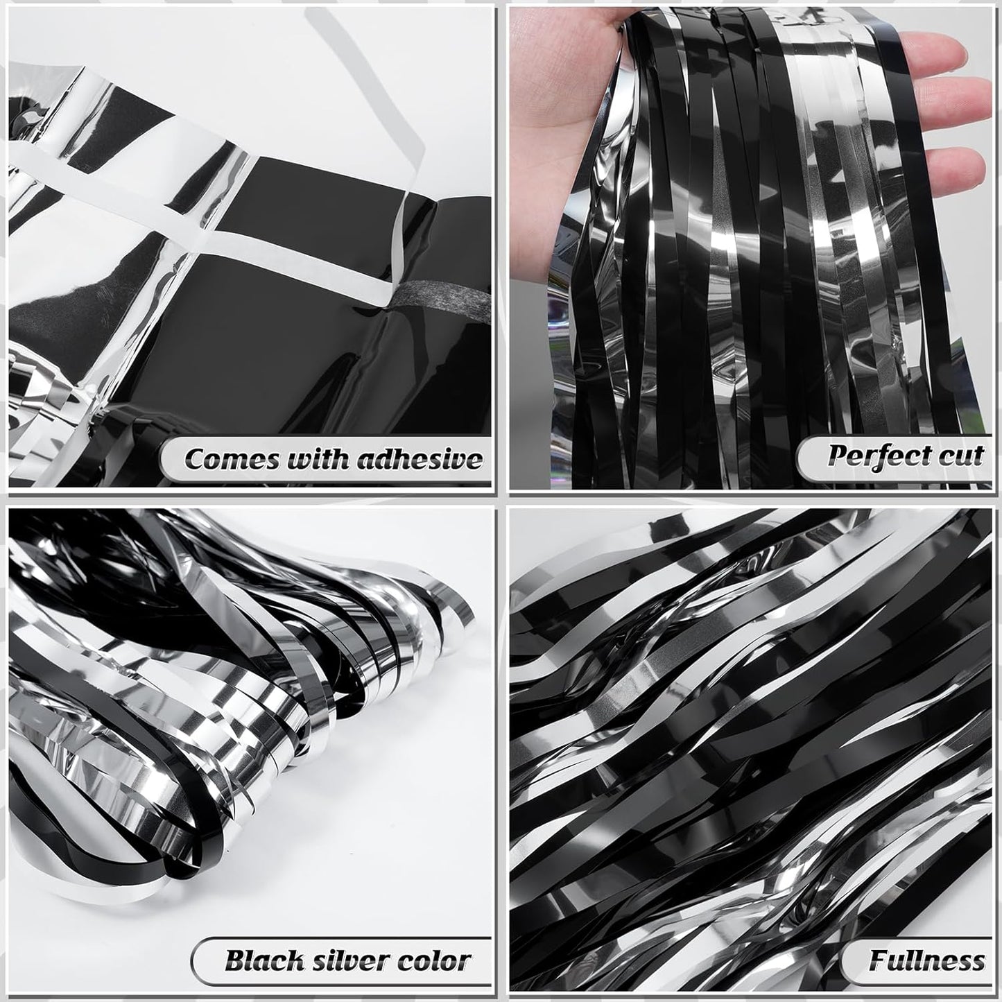 3 Pack 3.3Ft x 6.6Ft Graduation Foil Fringe Curtain Backdrop Decorations, Black Silver Metallic Tinsel Foil Streamers Curtain Photo Background for Graduation Prom Wedding Birthday Party Decorations