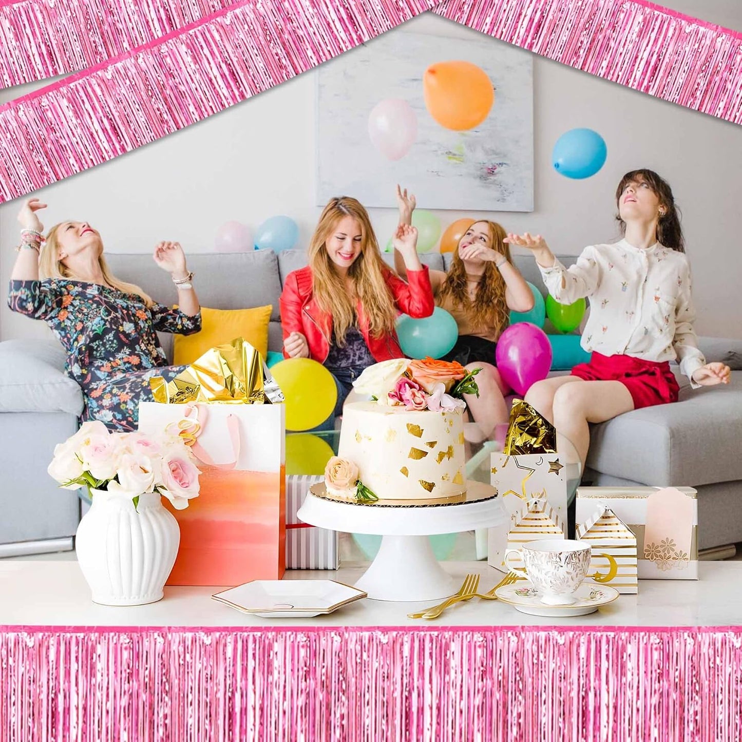4 Pack 10 Ft Pink Foil Fringe Garland Metallic Streamers Tinsel Banner Wall Hanging Garland Backdrop for Parade Floats, Halloween, Christmas, Thanksgiving, New Year Party Decorations
