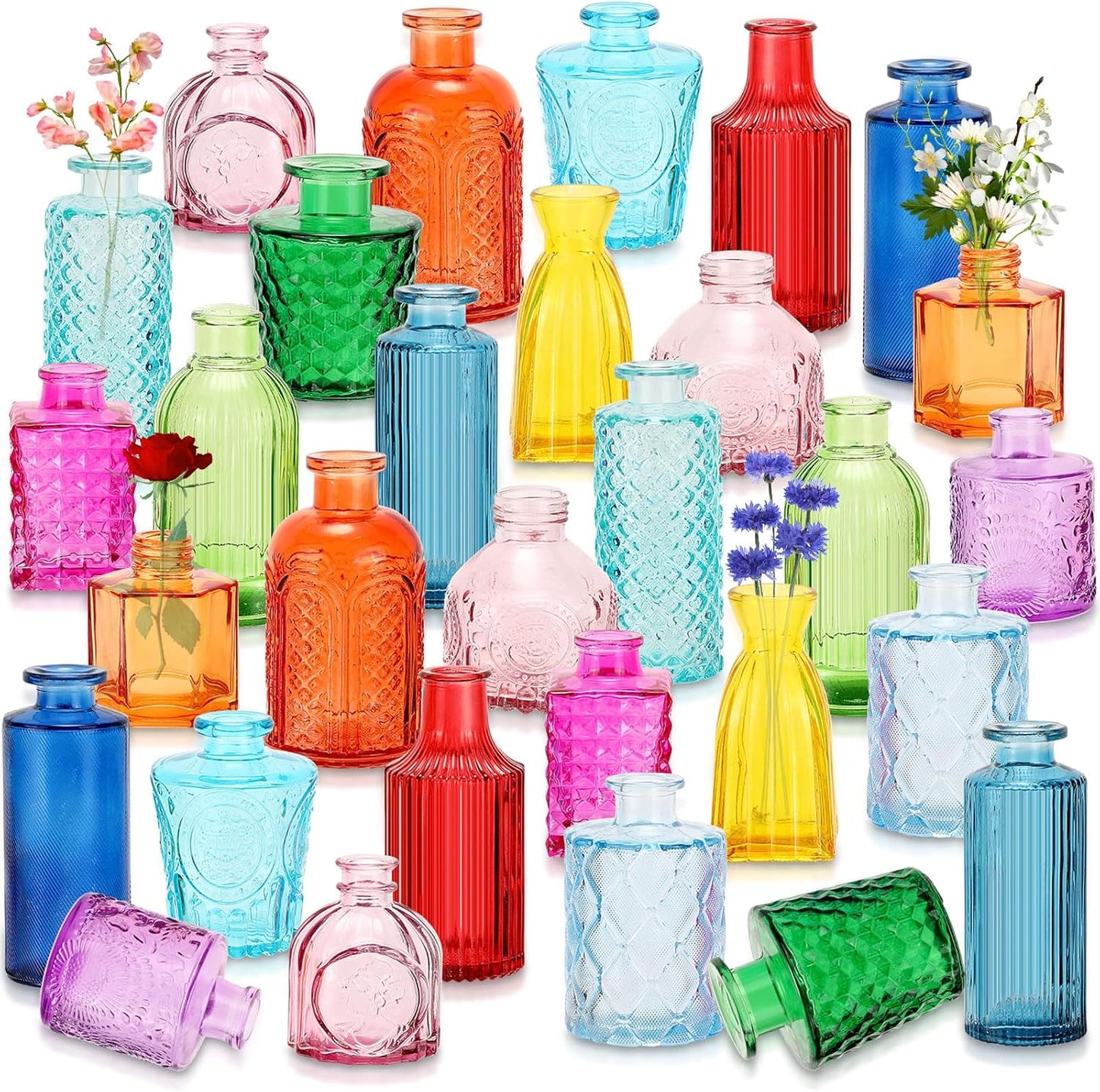 Yaomiao 30 Pcs Vases Bulk Colored Flower Glass Vases Bud Vintage Colored Glass Bottles Colorful Rustic Embossed for Home Wedding Table Decorations Gifts(Bright Color)