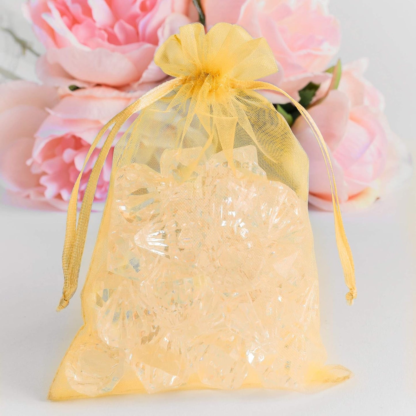 Super Z Outlet 100 Pack 4x6 Inch Mini Sheer Drawstring Organza Transparent Bags Jewelry Sack Pouches for Wedding, Party Decorations, Arts & Crafts Gifts (Gold)