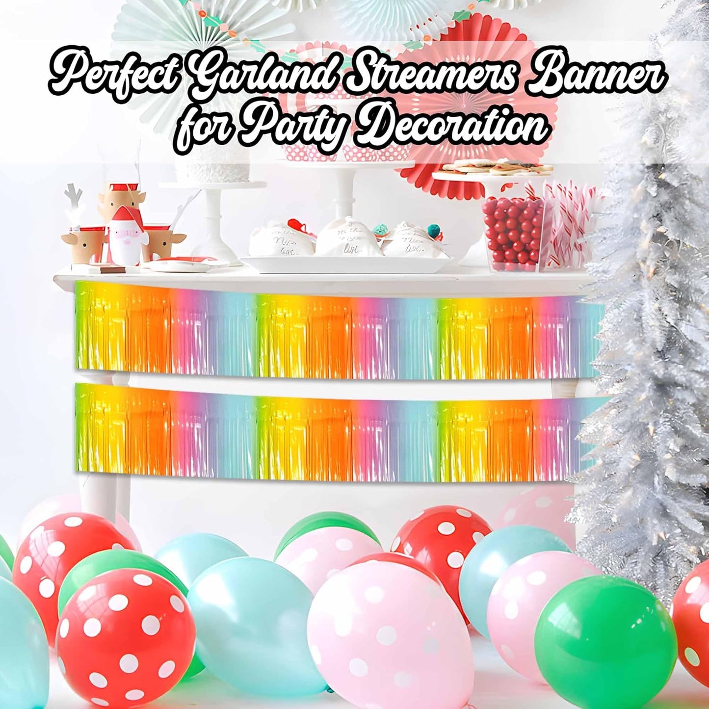 6 Pack 10 Ft Light Rainbow Foil Fringe Garland Metallic Streamers Tinsel Banner Wall Hanging Garland Backdrop for Parade Floats, Halloween, Christmas, Thanksgiving, New Year Party Decorations