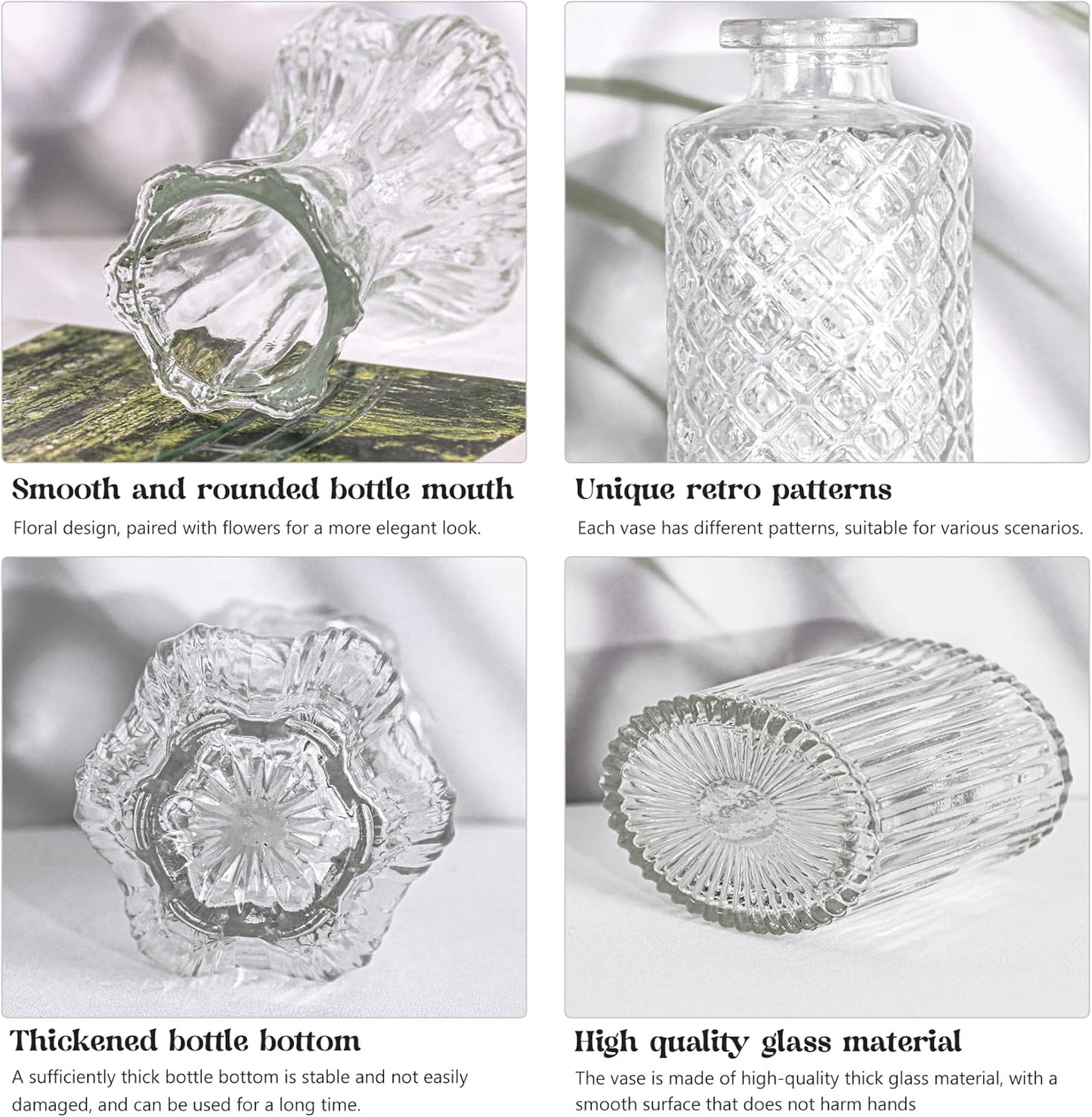 Set of 4 Glass Bud Vase Set, Small Vintage Clear Flower Vase Centerpieces for Table Bulk Cute Rustic Style Mini Vase for Home Decor Wedding Baby Shower Birthday Party