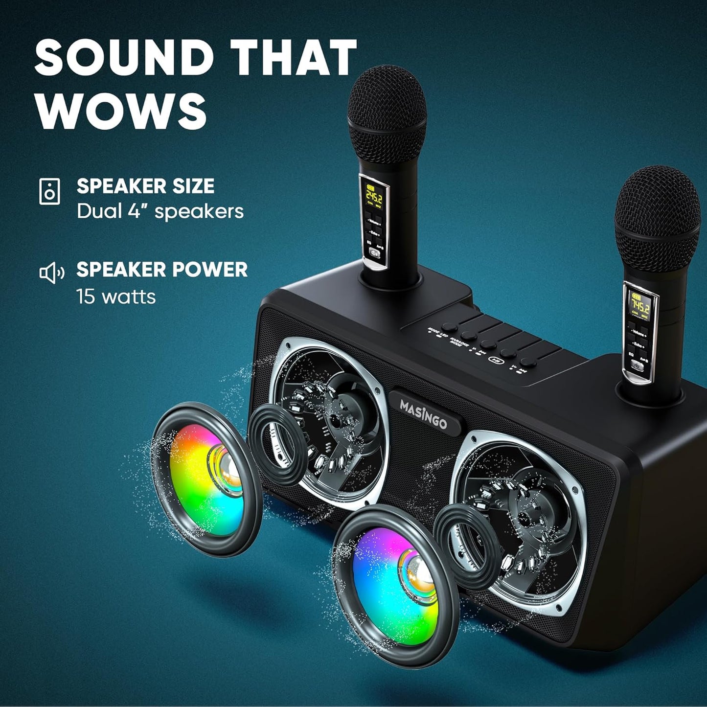 MASINGO Karaoke Machine for Adults and Kids with 2 Wireless Microphones, Portable Bluetooth Singing Speaker, Colorful LED Lights, PA System, Lyrics Display Holder, and TV Cable. Presto G2