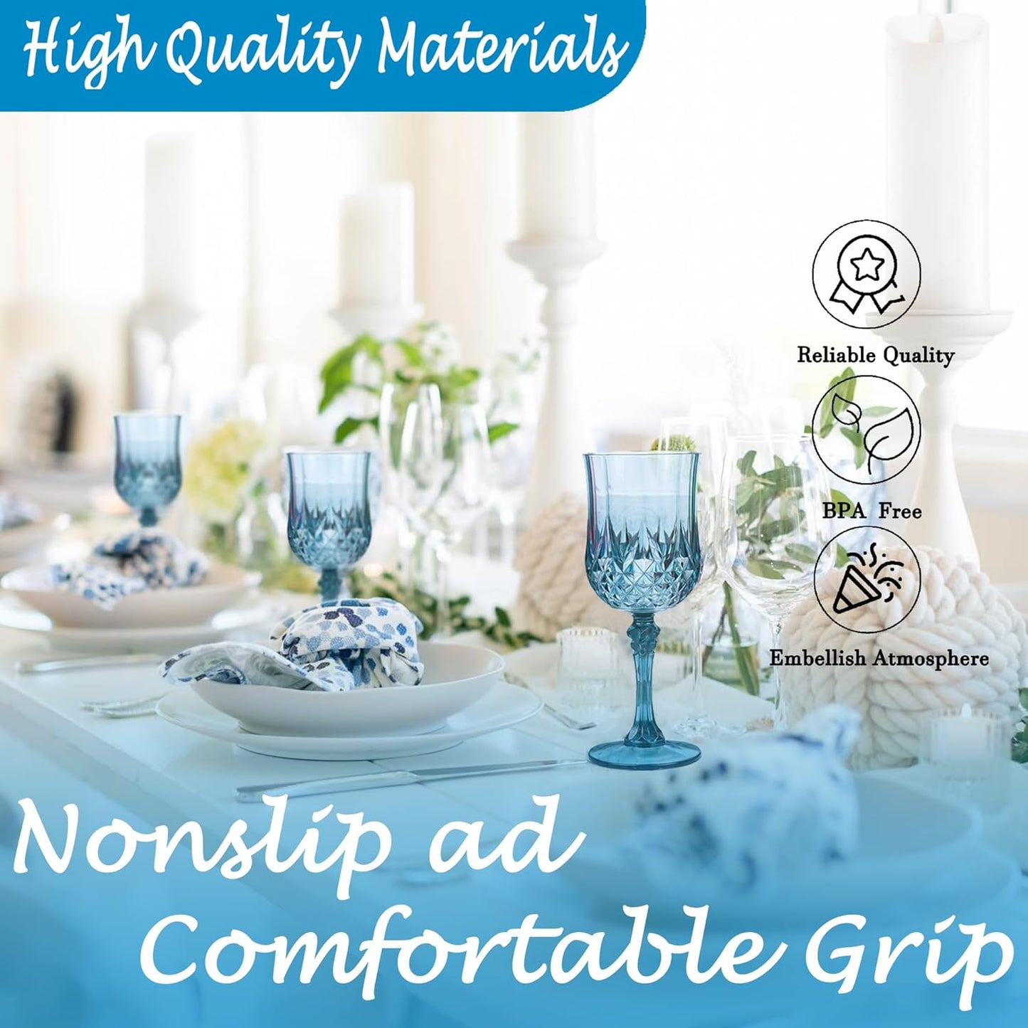 Plastic Wine Glasses，Plastic Goblets Vintage Style Cordial Drinking Glasses for Wedding Reception, Grand Event Party Supplies (12, Dusty Blue)