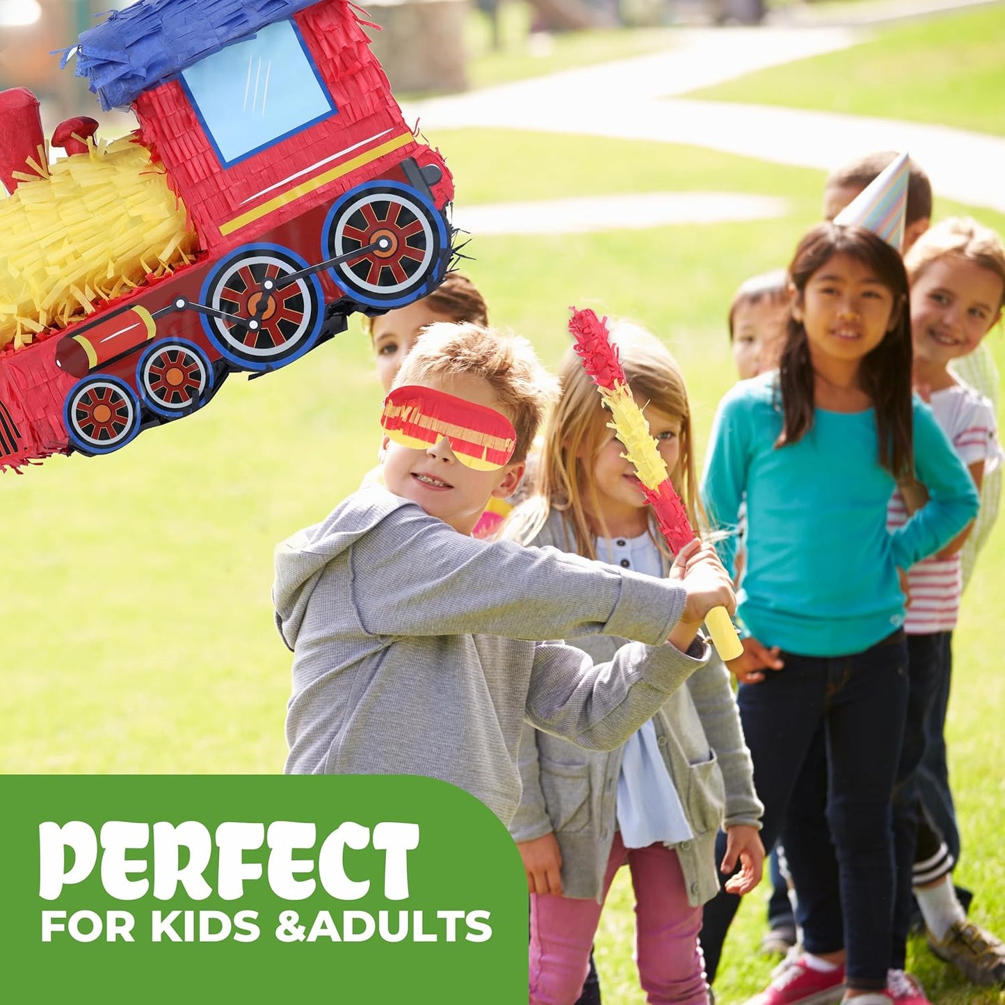 3D Train Pinata Bundle with a Blindfold and Bat (16x10.6x6.7 Inches), Train Pinata for Boys Birthday Party Supplies, Perfect for Birthday Party, Train Theme Party, Decoration