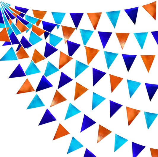 Orange Blue Party Decorations Metallic Fabric Triangle Pennant Flag Bunting Banner Garland for Birthday Baby Shower Graduation Bridal Shower Wedding Bachelorette Engagement Space Theme Party Supplies