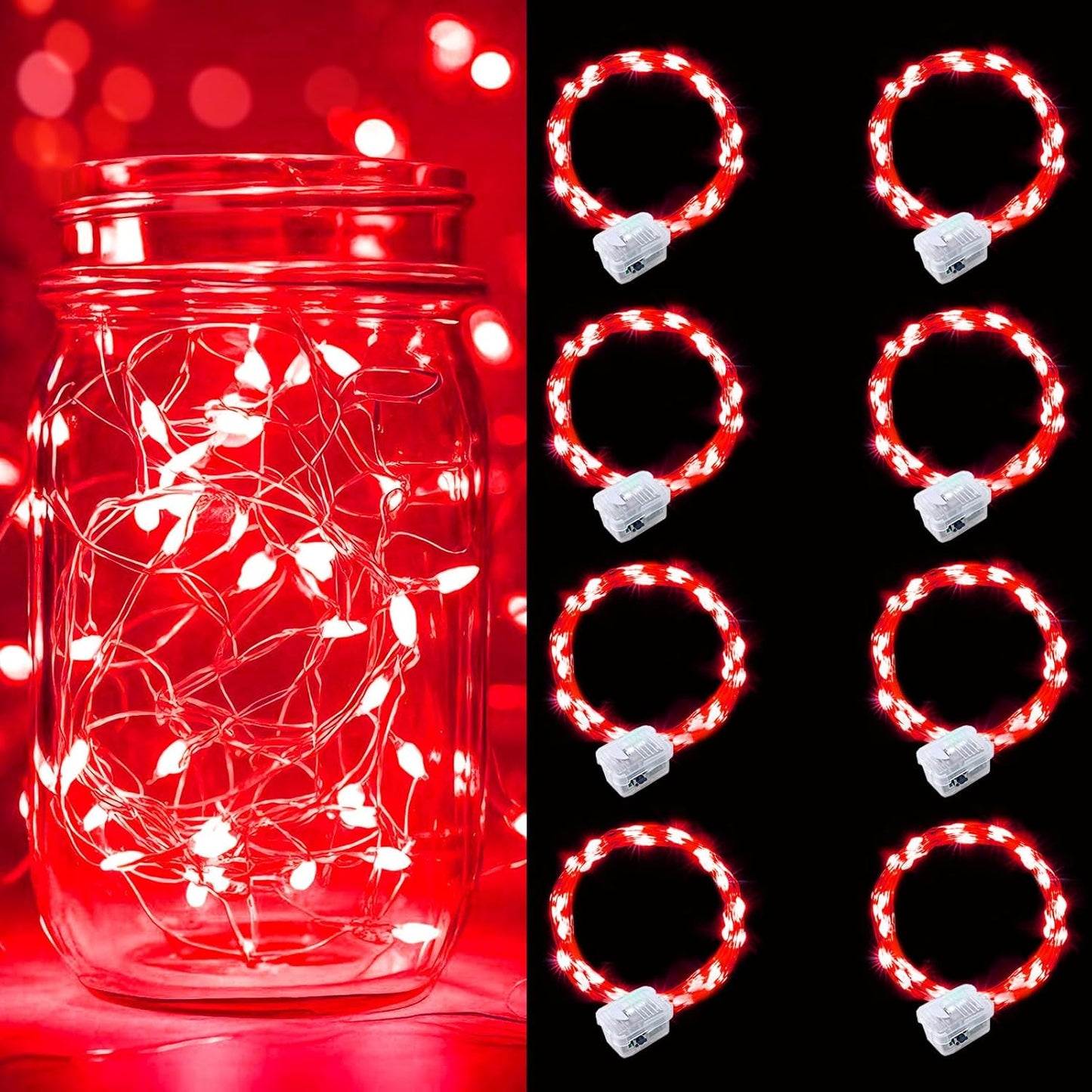 pozzolanas 8 Pack Red Battery Operated String Lights - 7ft Waterproof Fairy Lights with 20 LEDs for Home, Mason Jar, Party, Wedding, Halloween, Christmas Decorations
