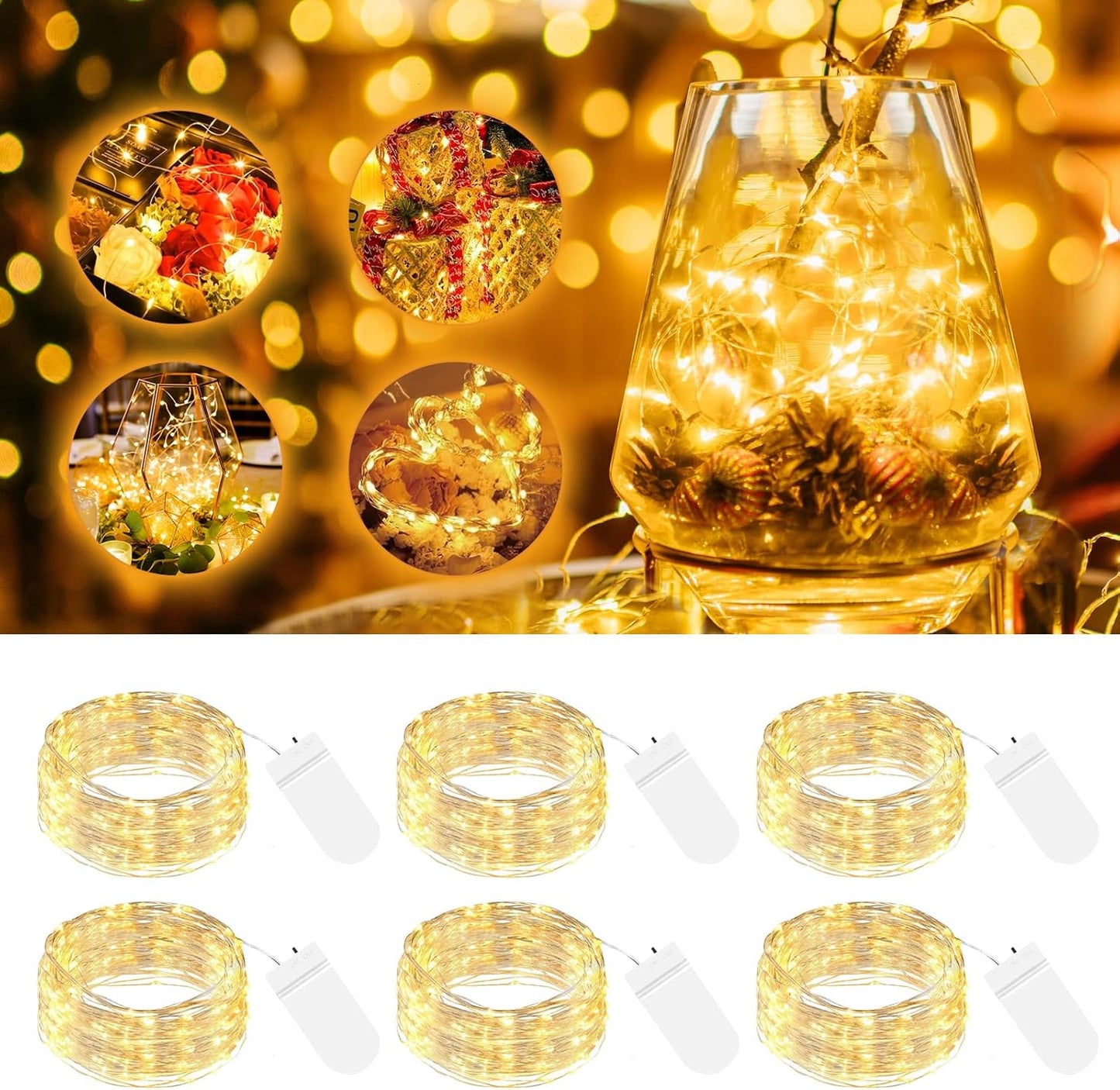 btfarm 6 Pack LED Fairy Lights Battery Operated, 7ft 20LED Mini String Lights Waterproof, Silver Wire Firefly Starry Bulk for Mason Jars Crafts Table Centerpieces Party Christmas, Warm White