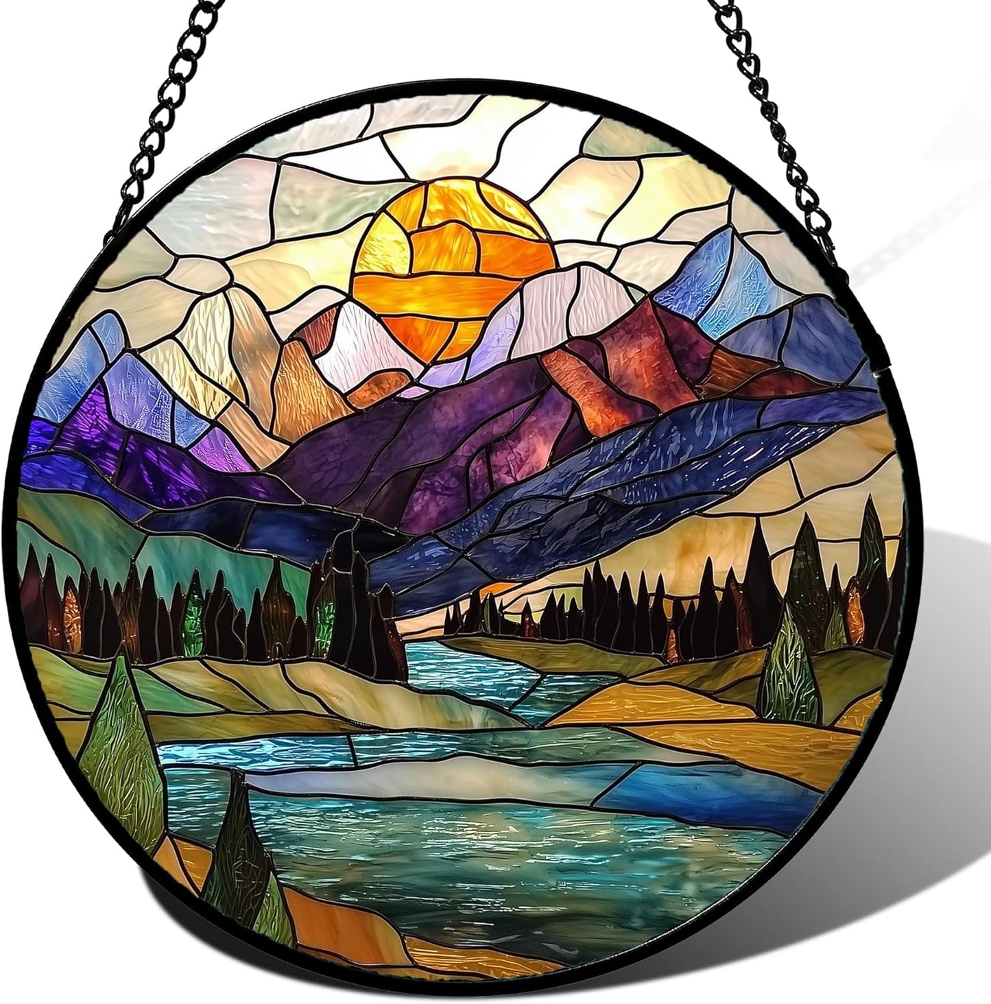 Stained Glass Window Hanging, Blue Lake Golden Sun Abstract Mountains Landscape Suncatcher for Doors Window Home Sun Catchers Decor Mother's Day Birthday Gifts for Women Men Mom 9.8 in