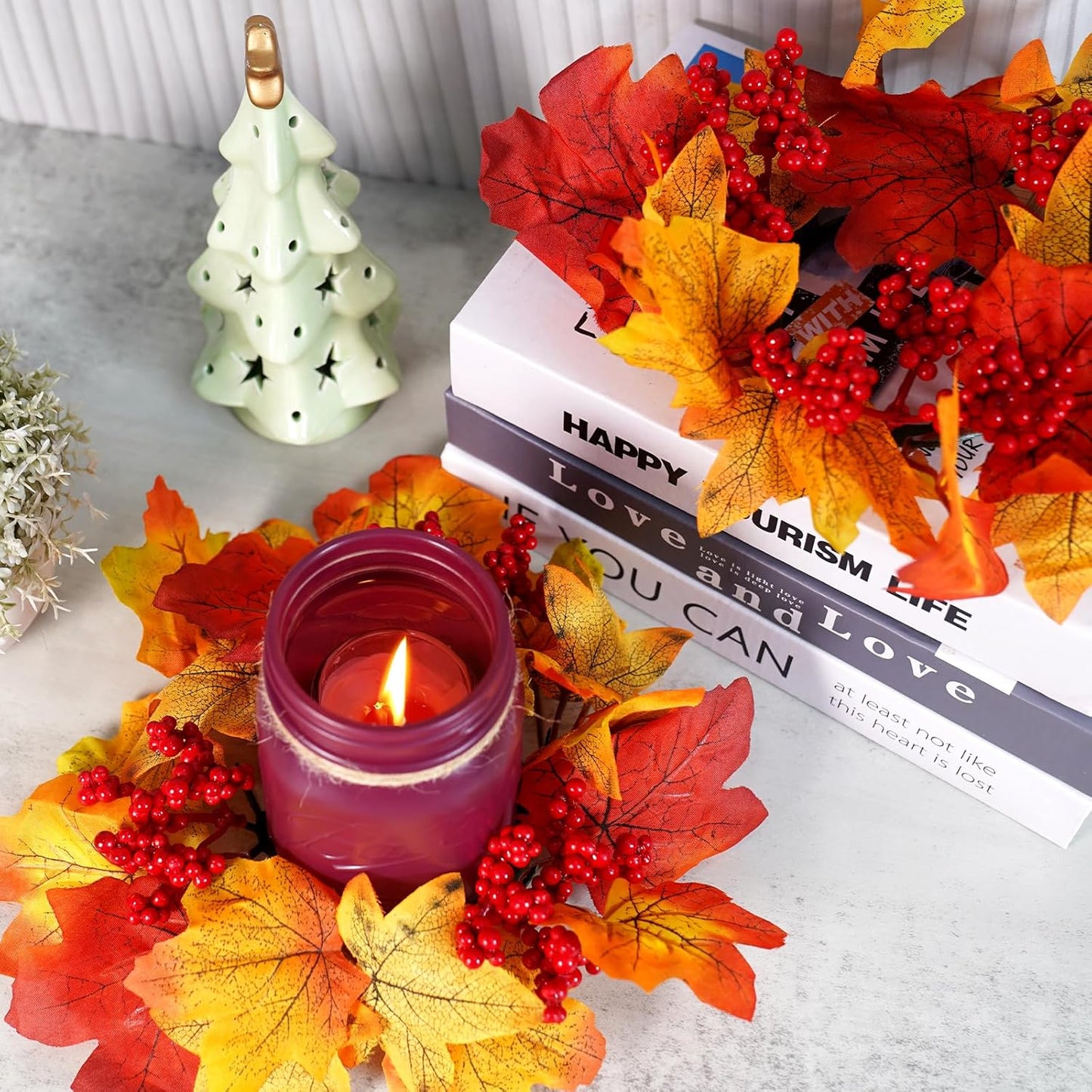 Fall Mason Jar Centerpieces for Tables – Thanksgiving Table Decorations with Autumn Leaves & Berries, Autumn Candle Holder Wreath Rings, Fall Taper Candle Rings for Dining Table