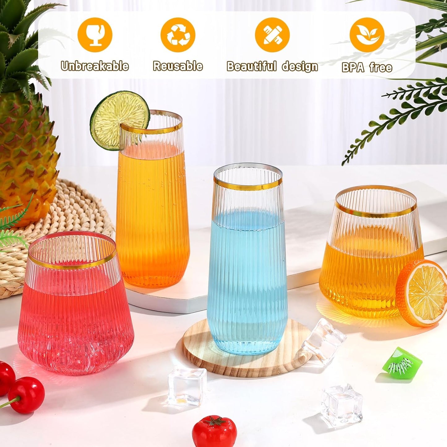 mwellewm 48 Pcs Plastic Wine Glasses Disposable, Cocktail Glasses Set 9 OZ Stemless Champagne Flutes 12 OZ Ribbed Origami Ripple Reusable Party Cup for Wedding Home Office Bar Drinking(Gold Rim)