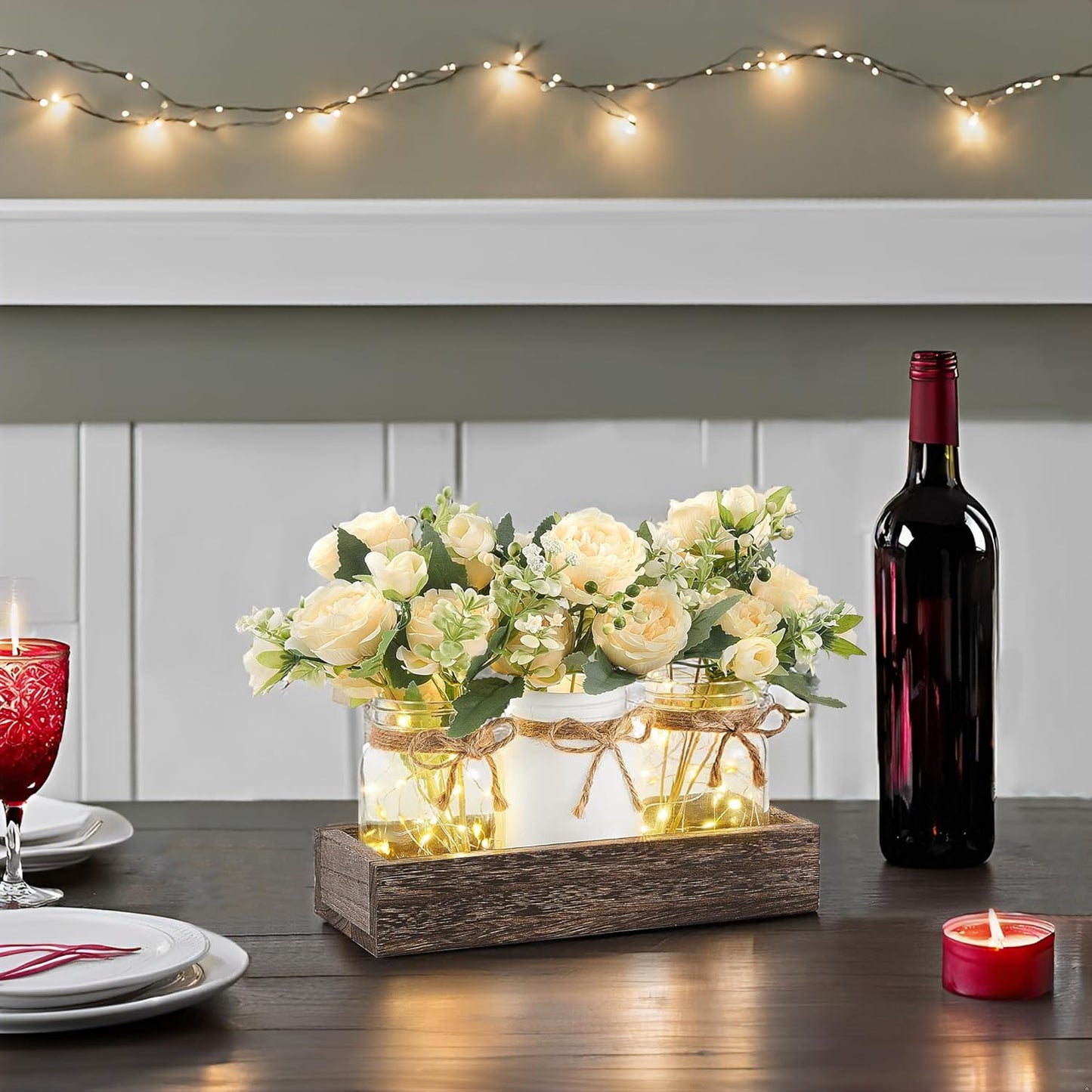 Mkono Mason Jar Lights Centerpiece Table Decor for Dining Room Farmhouse Wood Tray with 3 Jars Flowers Fall Decoration for Coffee Table Kitchen Living Room Wedding