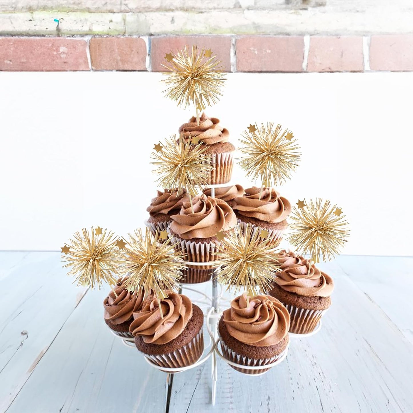 Ephlyn 30Pcs Foil Firework Cupcake Toppers Party Birthday Cake Toppers Supplies Sparkle Tinsel Cocktail Fruit Toothpick for Birthday Wedding Graduation Party Supplies Gold