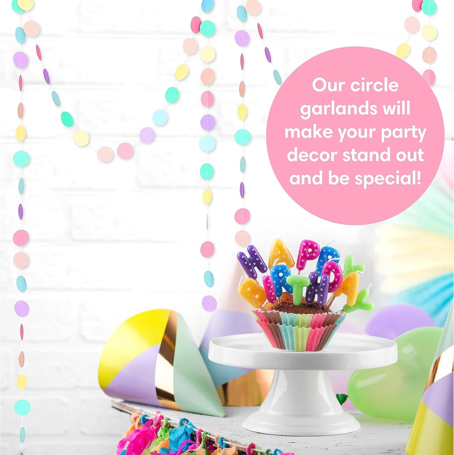Circle Dots Paper Party Garland Streamer Backdrop (10 Feet Long) - Rainbow Pastel