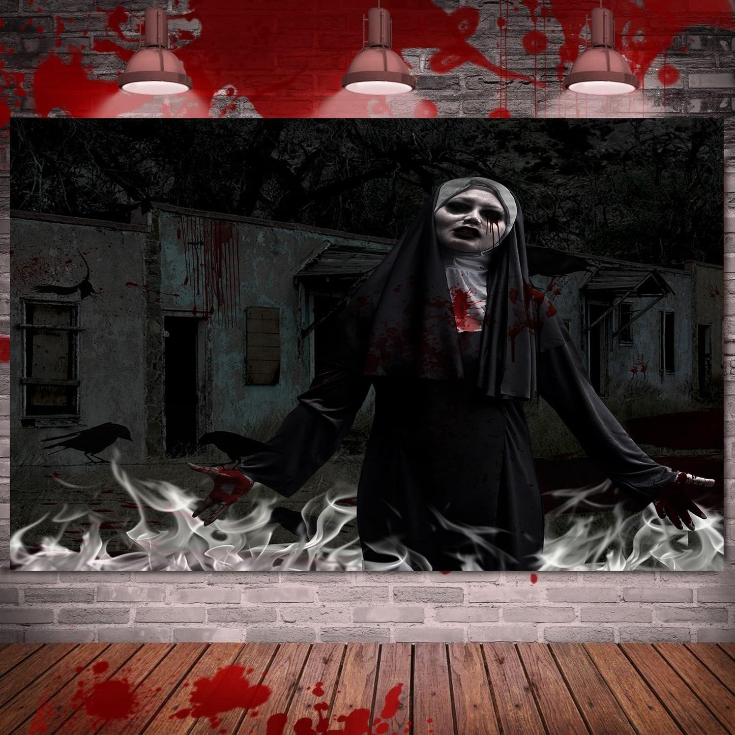 QGHOT Halloween Tapestry, Gothic Horror Movie Tapestry Wall Hanging Spooky Halloween Backdrop Creepy Scary Nun Haunted House Wall Decor for Bloody Party Decorations (59.1"x51.2")