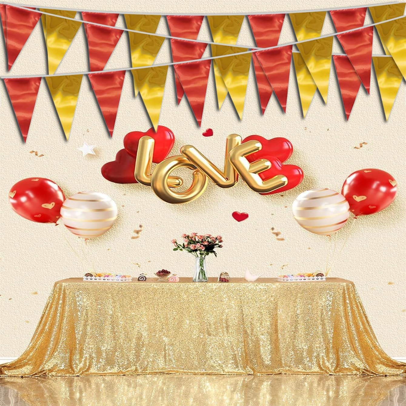 20M/65FT Red Gold Triangle Pennant Banner Flag Metallic Fabric Bunting Garland for Christmas Graduation Anniversary Birthday Engagement Wedding Anniversary Casino Party Decorations Supplies