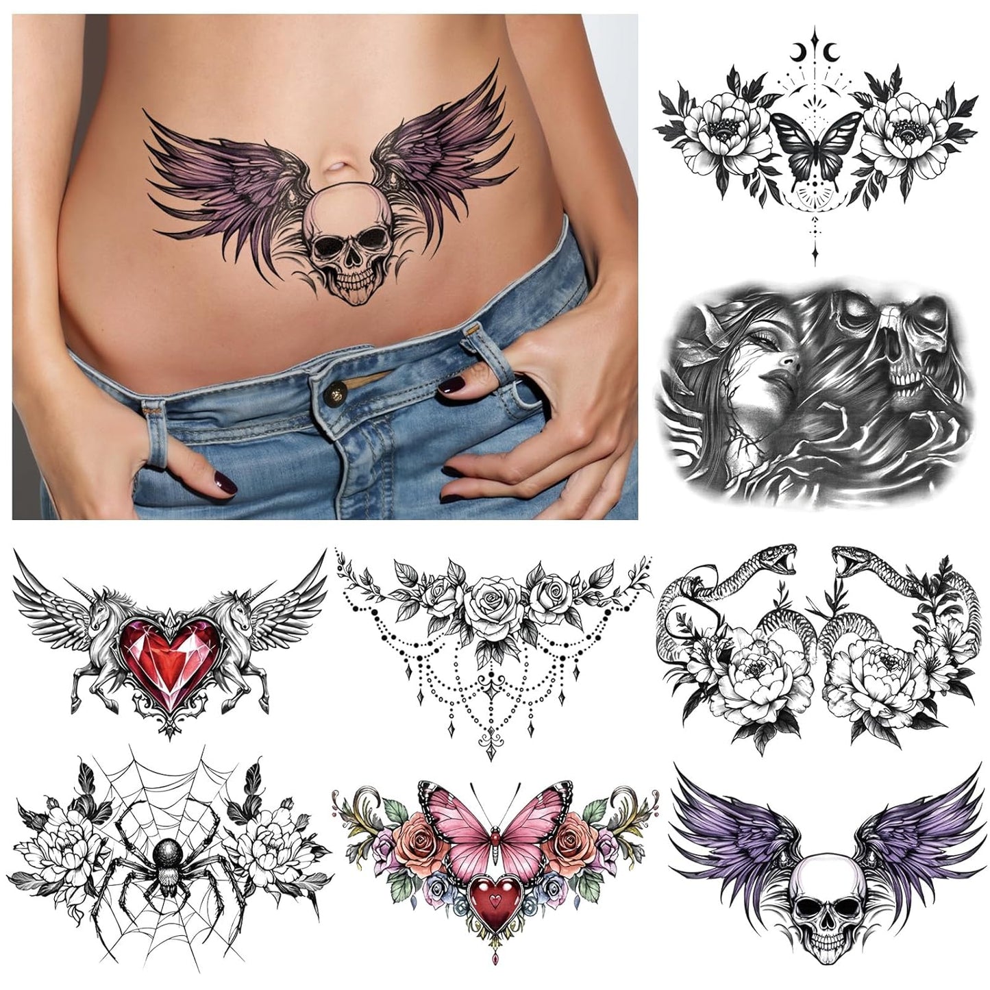 Yazhiji 13 Sheet Large Chest Underboob Temporary Tattoos for Adult, 8 Sheets Sexy Rose Flower Belly Tattoos Tramp Stamp for Women, 5 Sheets Body Scar Cover Fake Chest Tattoos Stickers for Men