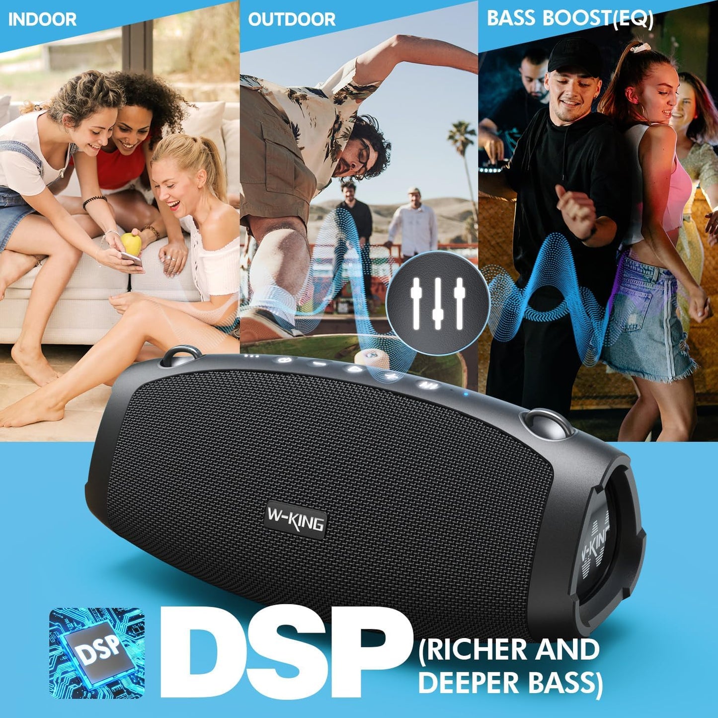 W-KING 120W Max Portable Speakers Bluetooth Wireless, IPX6 Waterproof Loud Bluetooth Speaker Boombox, Triple Passive Radiator/Subwoofer*2-70W Deep Bass/DSP/2 Pairing/42H/EQ/Party Large Outdoor Speaker