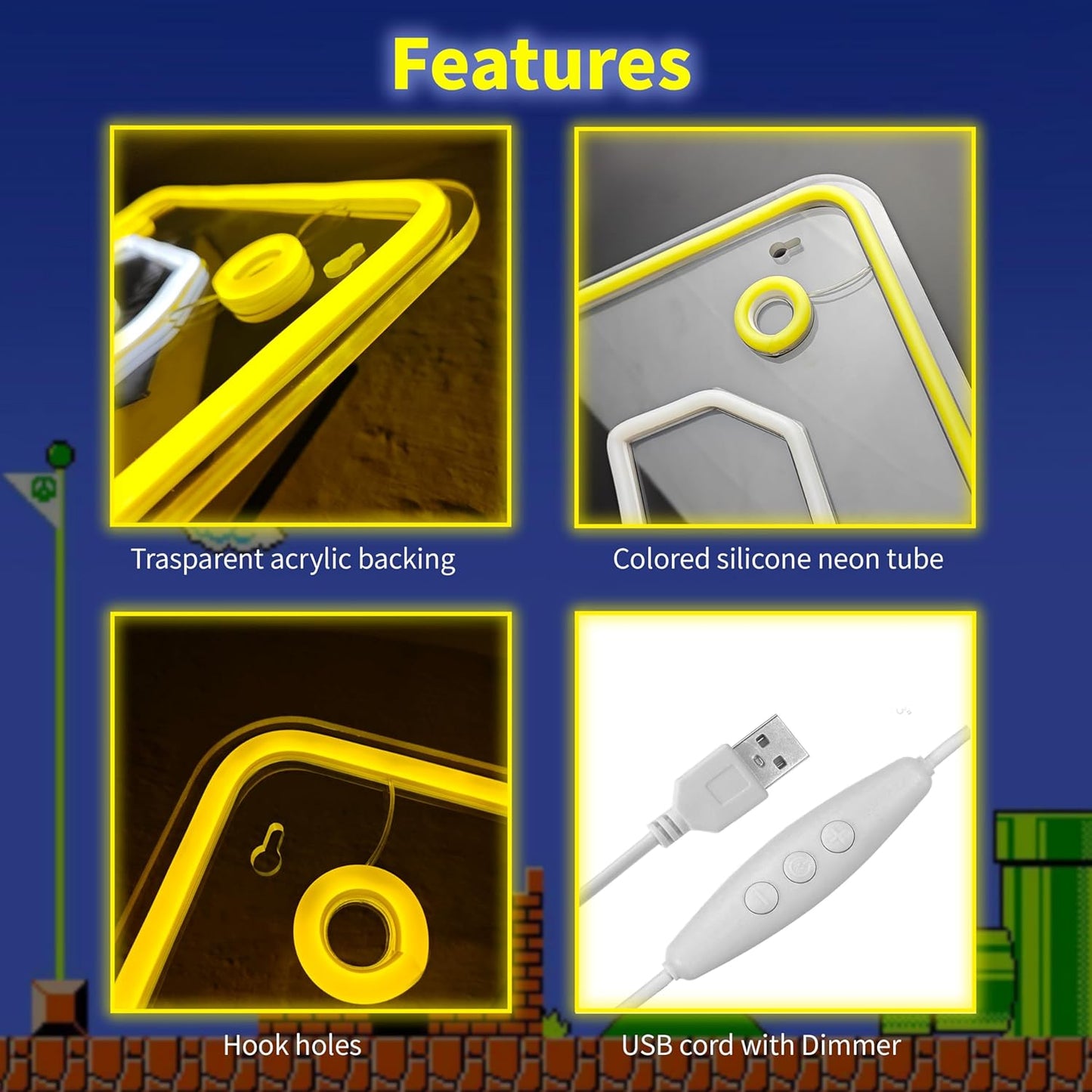 Question Block Neon Sign,Question Square Led Mario Neon Light USB Powered Led Night Lights for Game Room Wall Decor,Man Cave,Teen Boy Room Decor,Gamer Gifts for Boys, Kids