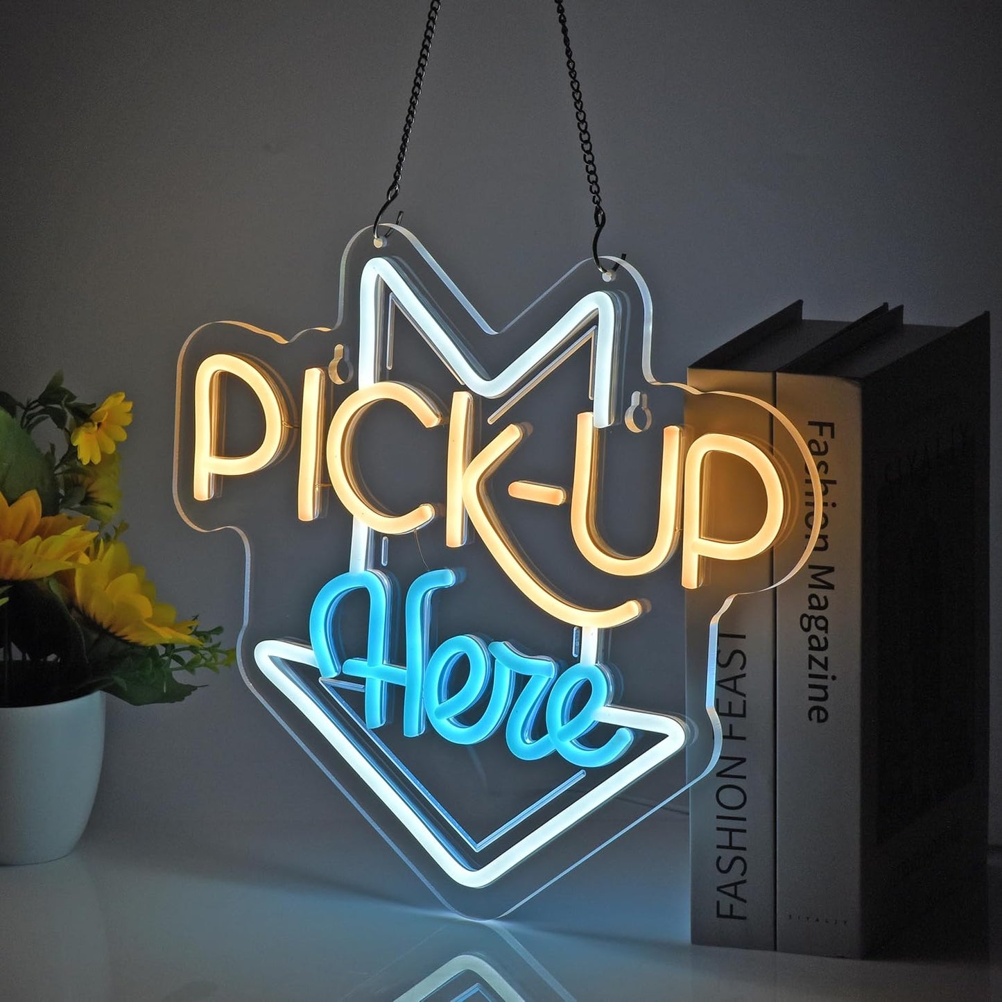 PICK-UP Here Neon Sign, Neon Lights Hanging Wall Art Decoration for Restaturant Shop Bar Market Bakeries Café Celebration Home Decor, USB Powered Ultra Bright Dimmable,14.57×12.6inches