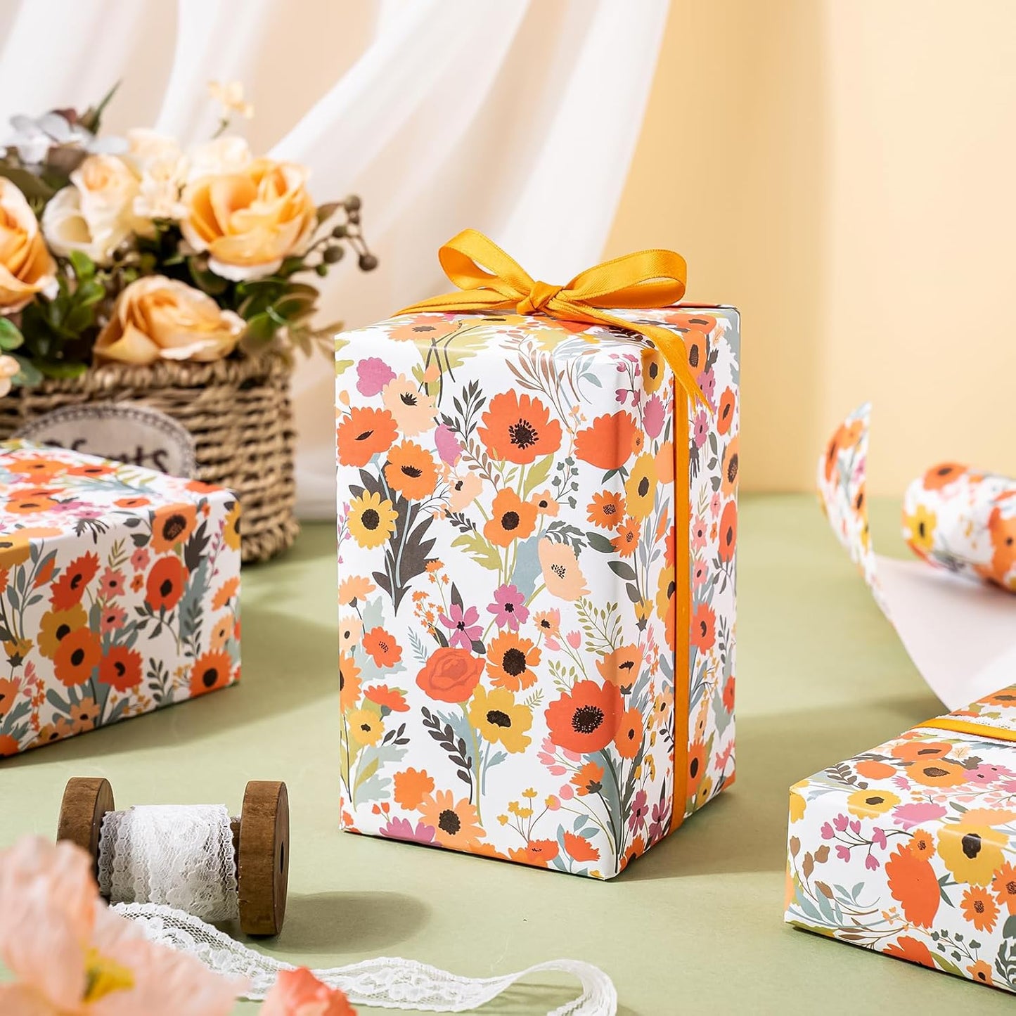 WRAPAHOLIC Kraft Floral Wrapping Paper Roll - Mini Roll - 17 Inch x 9.8 Feet - Bright Summer Flower Wrapping Paper, Perfect for Wedding, Birthday, Bridal Shower, Tea Party