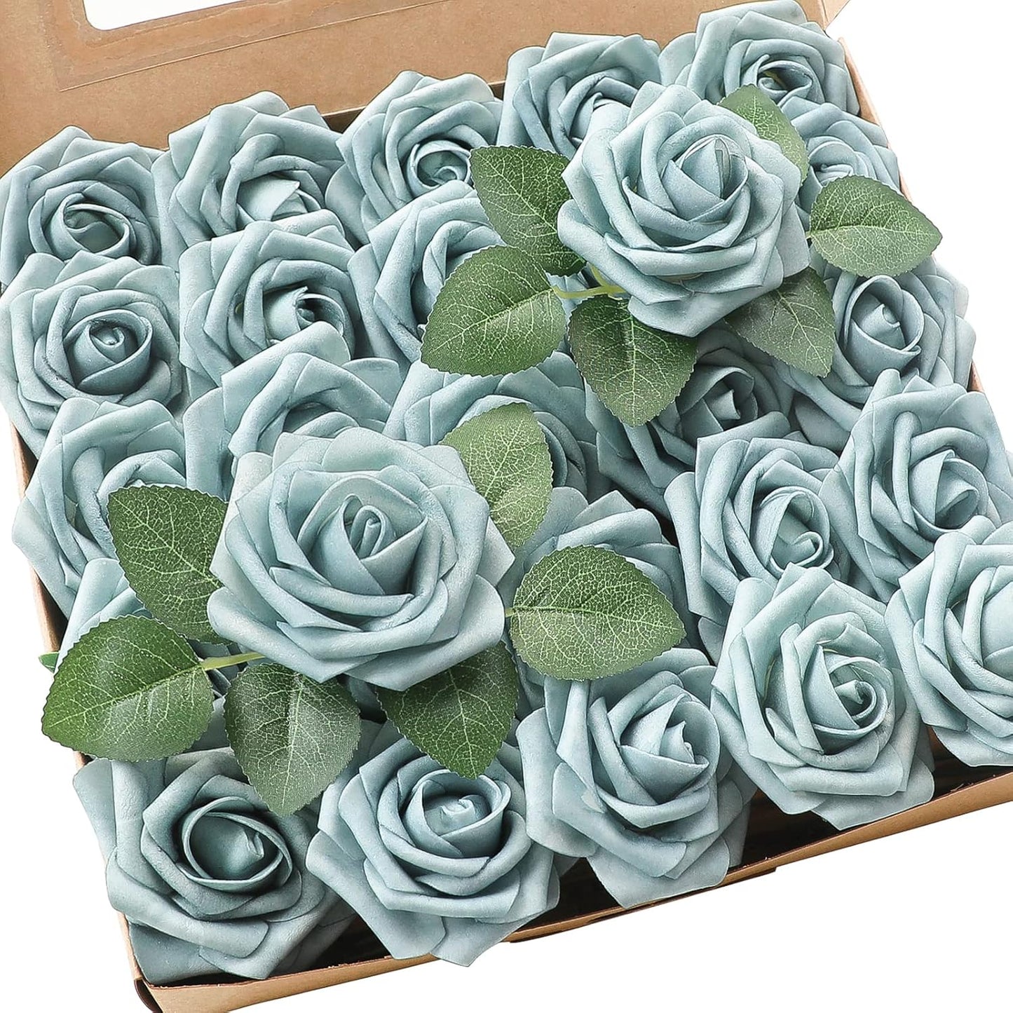 Floroom Artificial Flowers 25pcs Real Looking Dusty Blue Foam Fake Roses with Stems for DIY Wedding Bouquets Bridal Shower Centerpieces Floral Arrangements Party Tables Home Decorations