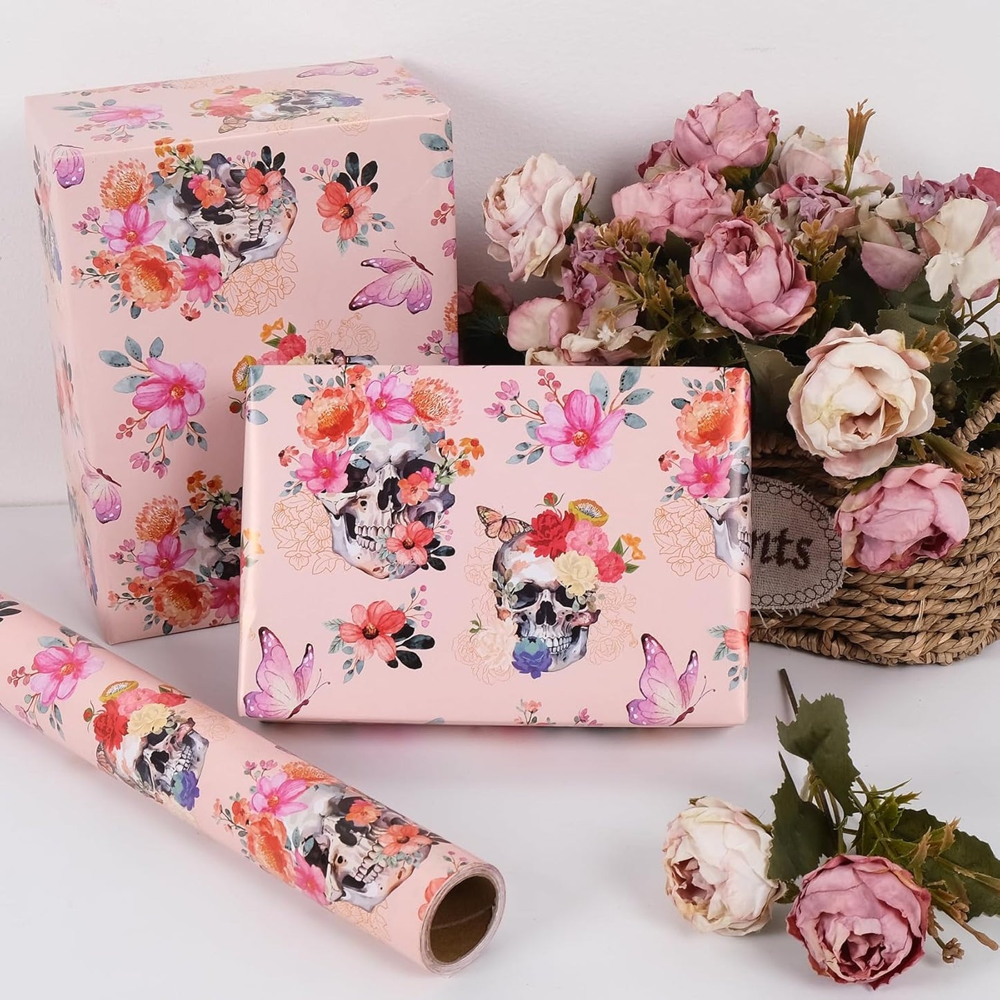 Aimyoo Gothic Wrapping Paper Roll, 17 Inch X 33 Feet Skull Floral Butterfly Design Gift Wrap Paper for Mother's Day, Birthday Bridal Shower
