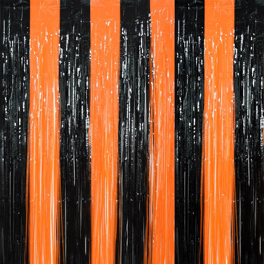 TONIFUL 2Pcs Black Orange Door Streamers,Photo Booth Backdrop Metallic Streamers Foil Fringe Curtains for Birthday,Christmas,New Year,Bachelorette,Halloween Party Streamers Decor(9.9ft x 6.6ft)