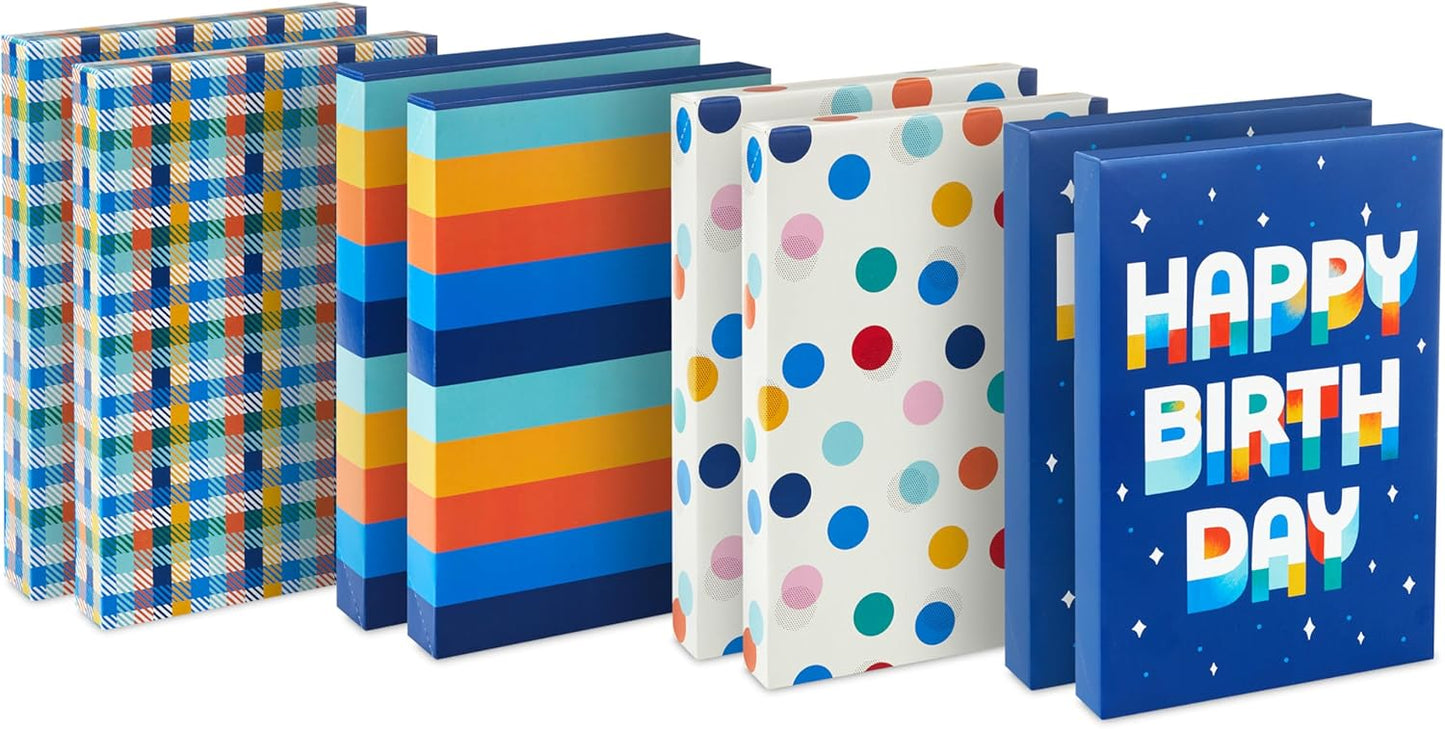 Hallmark Designed Shirt Boxes with Lids (8 Boxes: 2 Each of Orange and Blue Stripes, Plaid, Dots, Happy Birthday) for Birthdays, Father's Day, Graduations