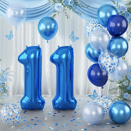 Foil Number Balloons 11, 40'' 11th Birthday Balloon with Pastel Navy Dark Blue Silver Confetti Helium Balloon, Self Inflating Big 11 Balloon Number for Boys Birthday Party Anniversary Decor Supplies