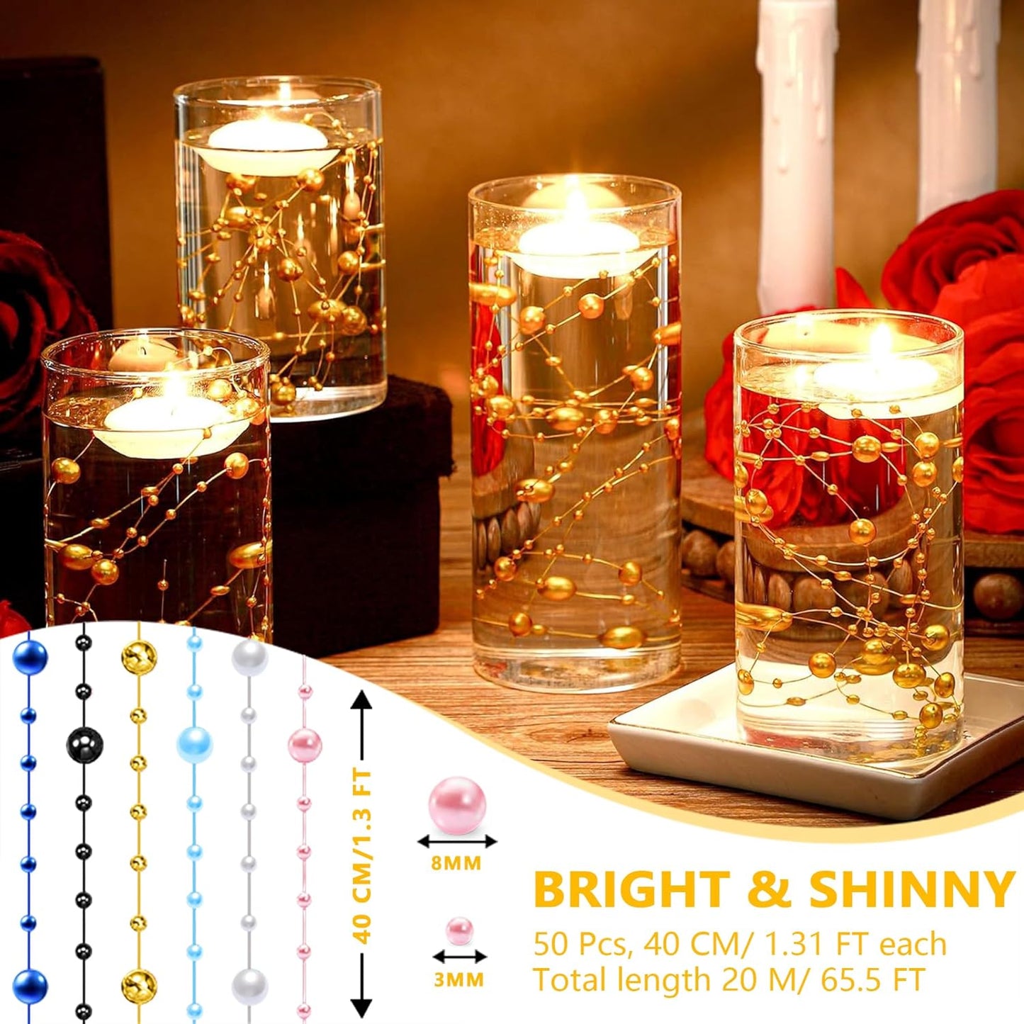 50 PCS Artificial Floating Beads for Centerpieces Vases, White Porcelain AB 8+3mm String Beads for Wedding Party Pearl String for Decor, String Pearls for Crafts Vase Filler