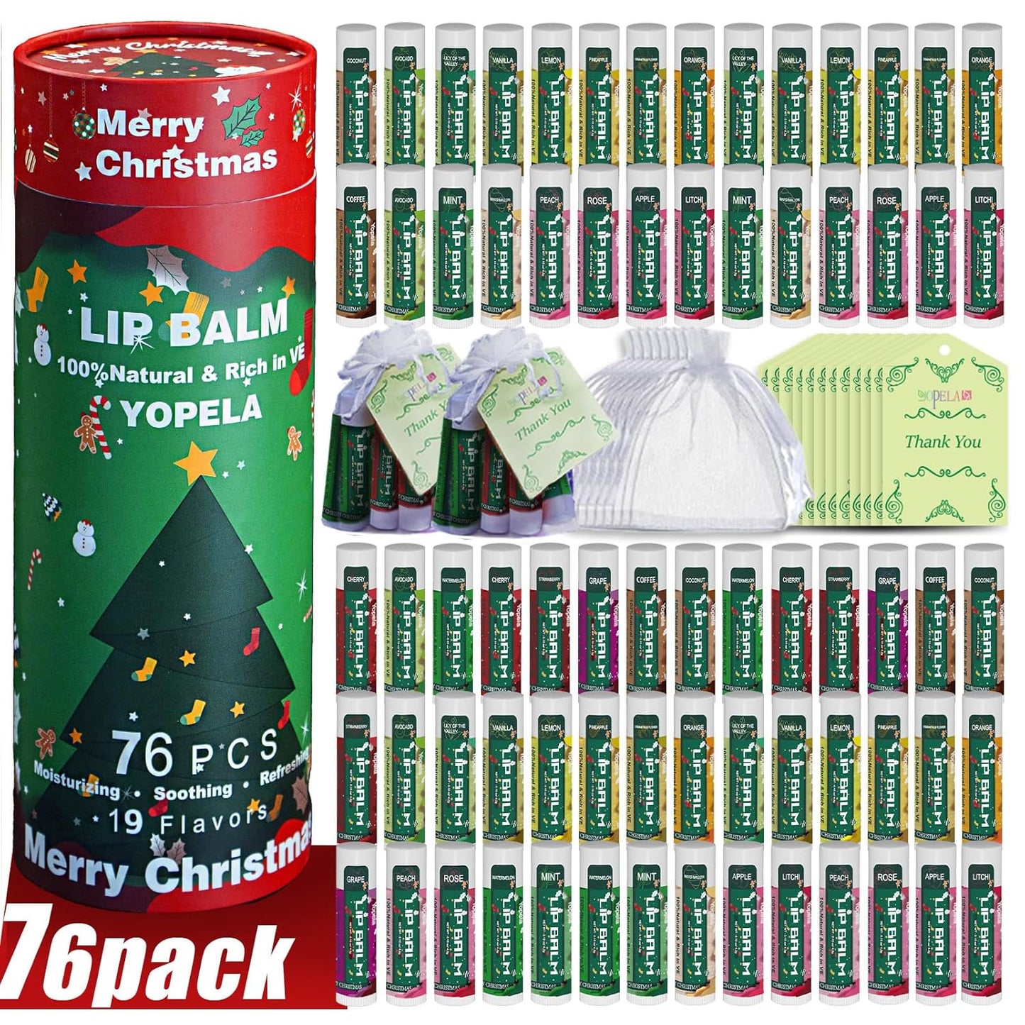 Yopela 76 Pack Christmas Natural Lip Balm Bulk with Vitamin E and Coconut Oil Lip Care Set - Moisturizing, Soothing, and Repairing Dry and Chapped Lips - 19 Flavors - Non-GMO