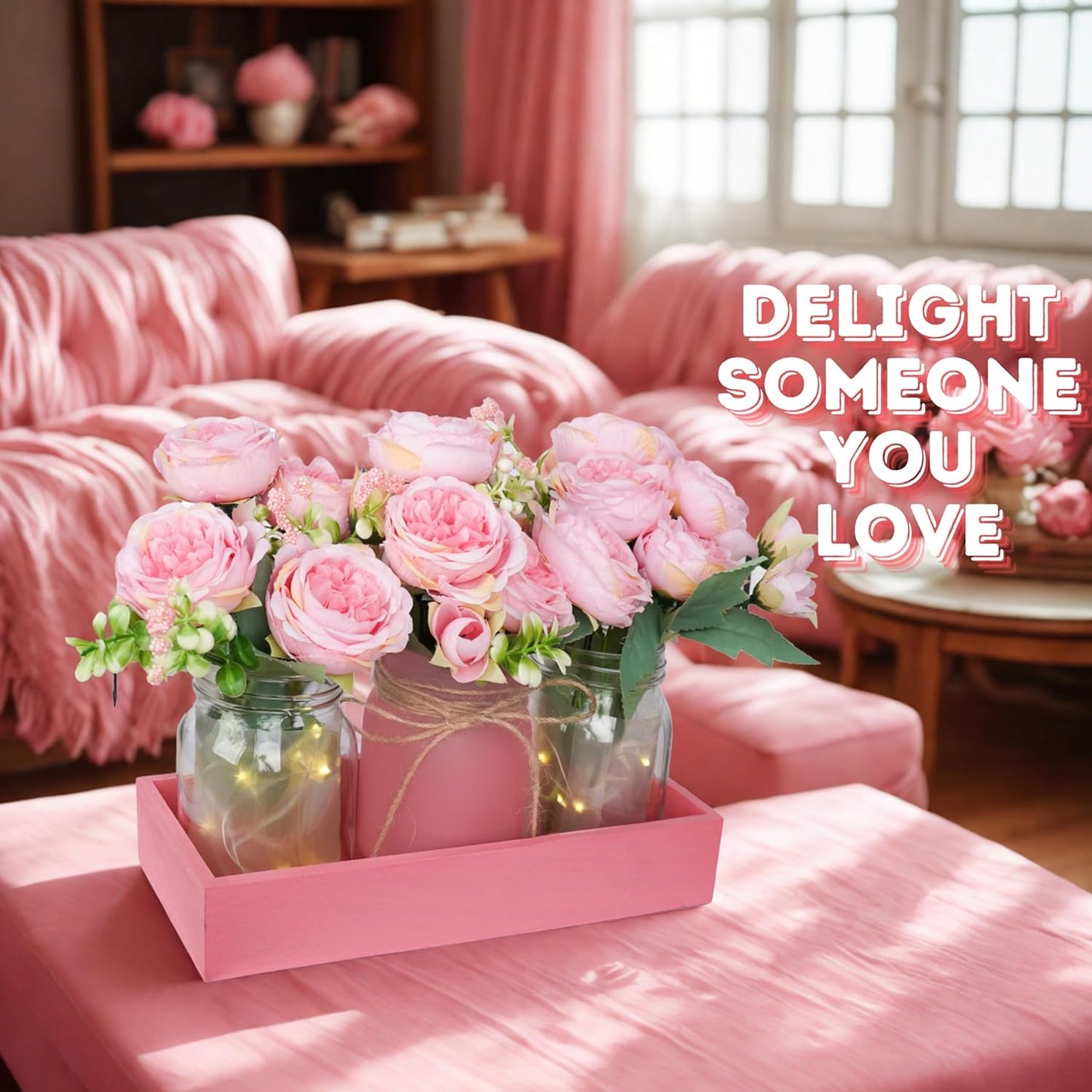 Rustic Pink Mason Jar Centerpiece with Faux Peony Flowers – Floral Decor for Home, Wedding, Kitchen, Table, Office – Farmhouse Tray Vase Set